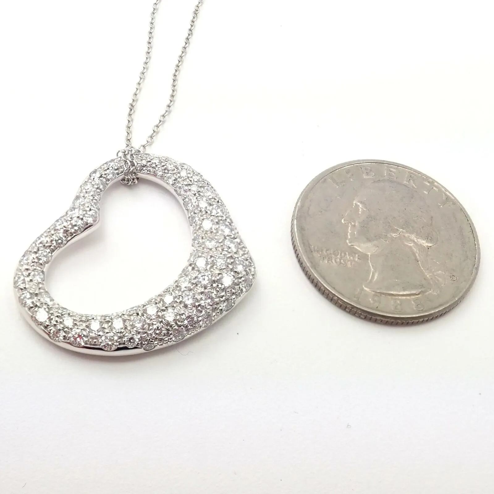 Authentic! Tiffany & Co Elsa Peretti Platinum Diamond Large Open Heart Necklace