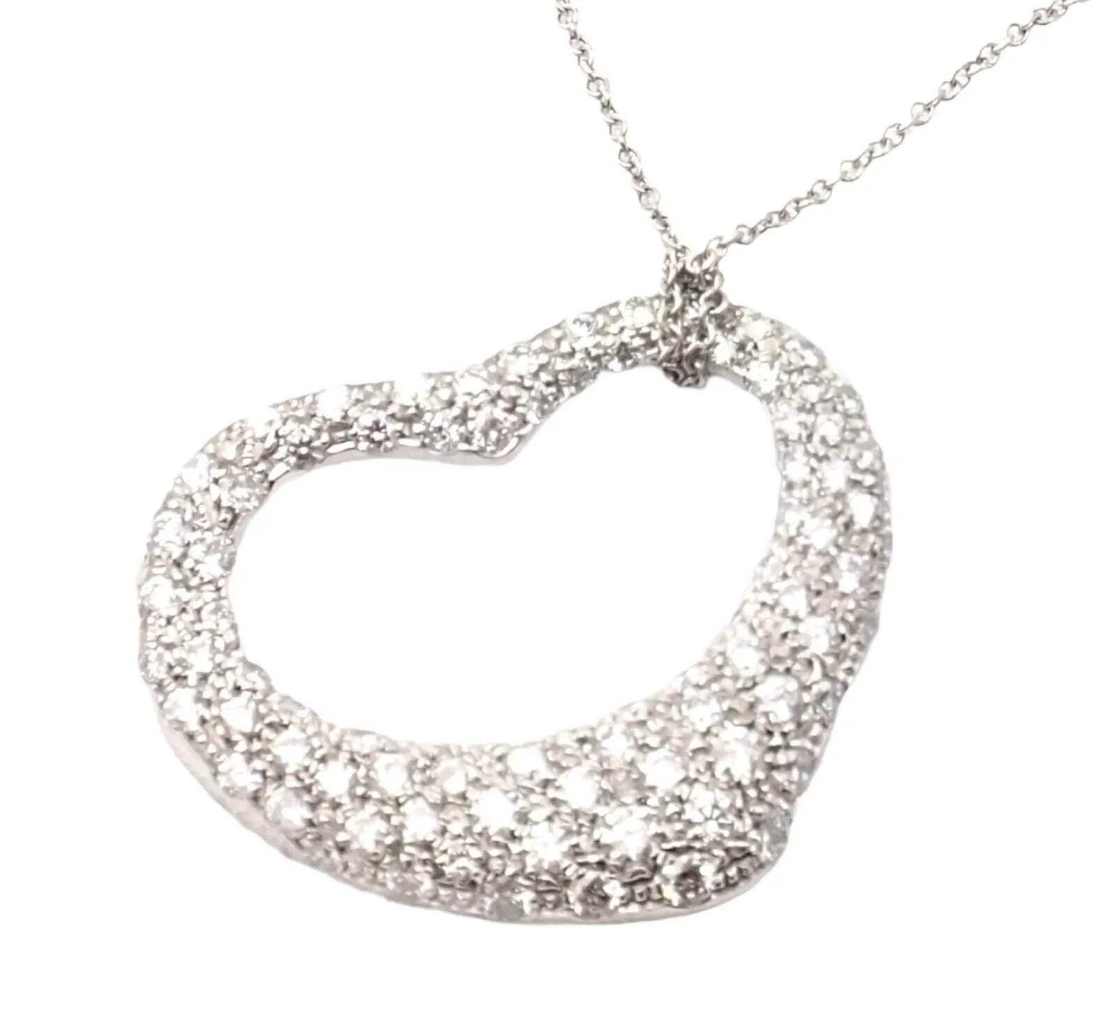 Authentic! Tiffany & Co Elsa Peretti Platinum Diamond Large Open Heart Necklace