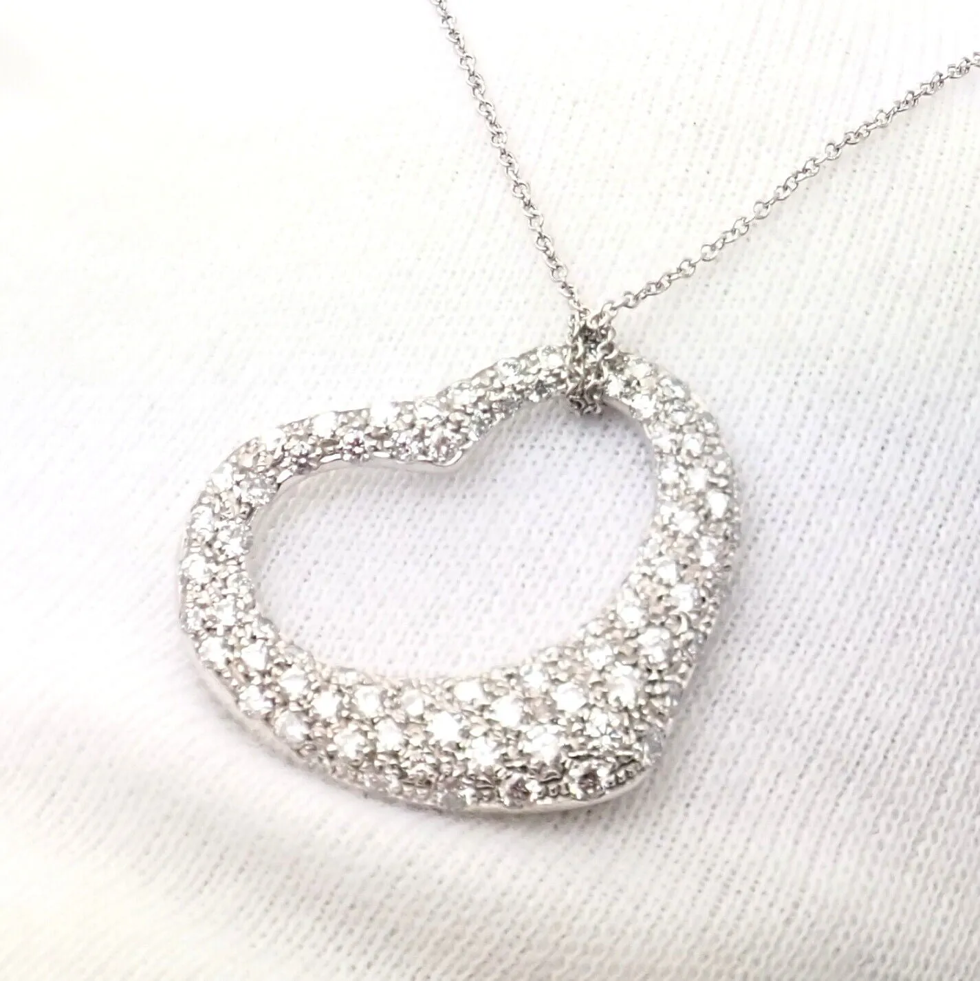 Authentic! Tiffany & Co Elsa Peretti Platinum Diamond Large Open Heart Necklace