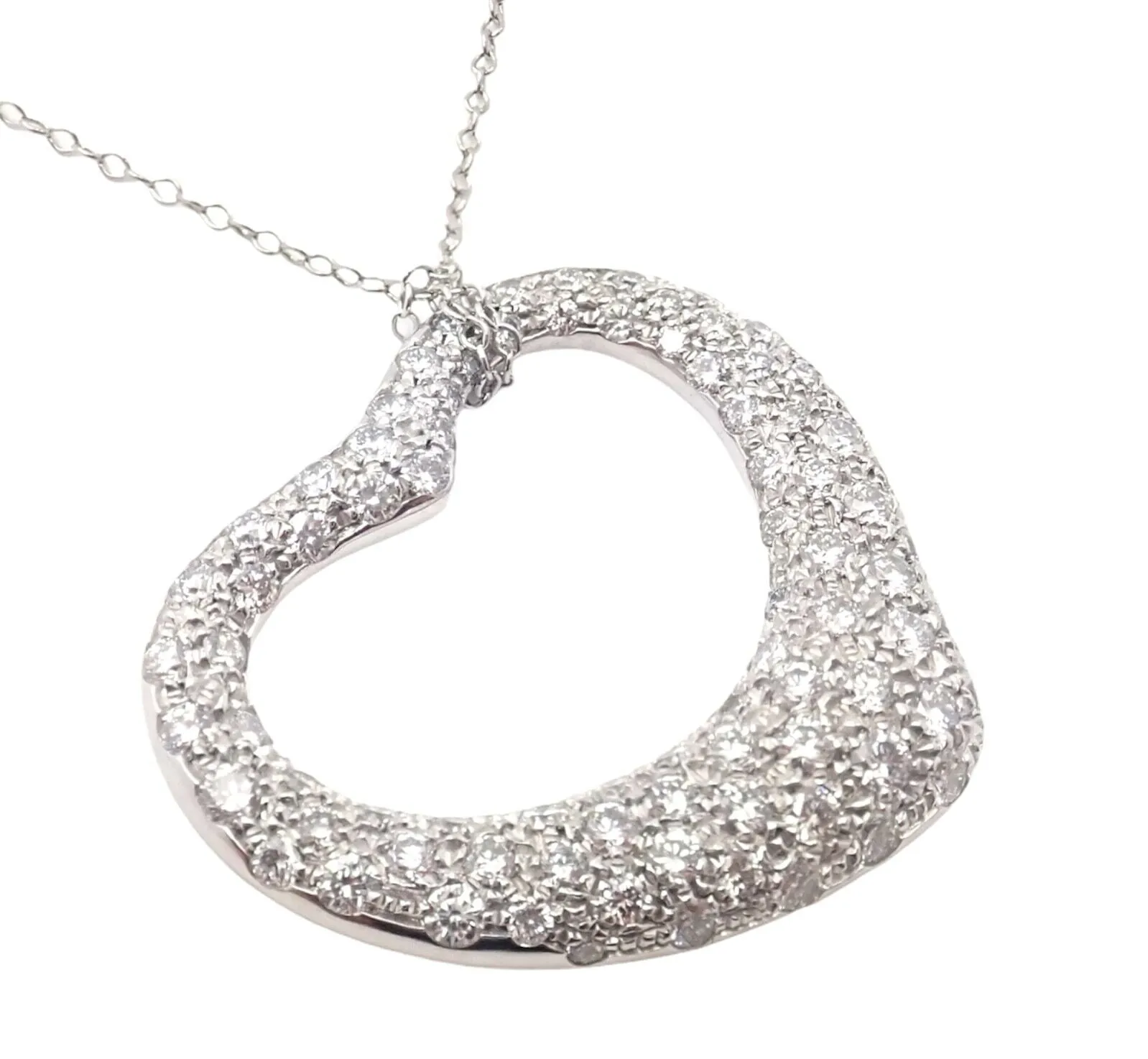 Authentic! Tiffany & Co Elsa Peretti Platinum Diamond Large Open Heart Necklace
