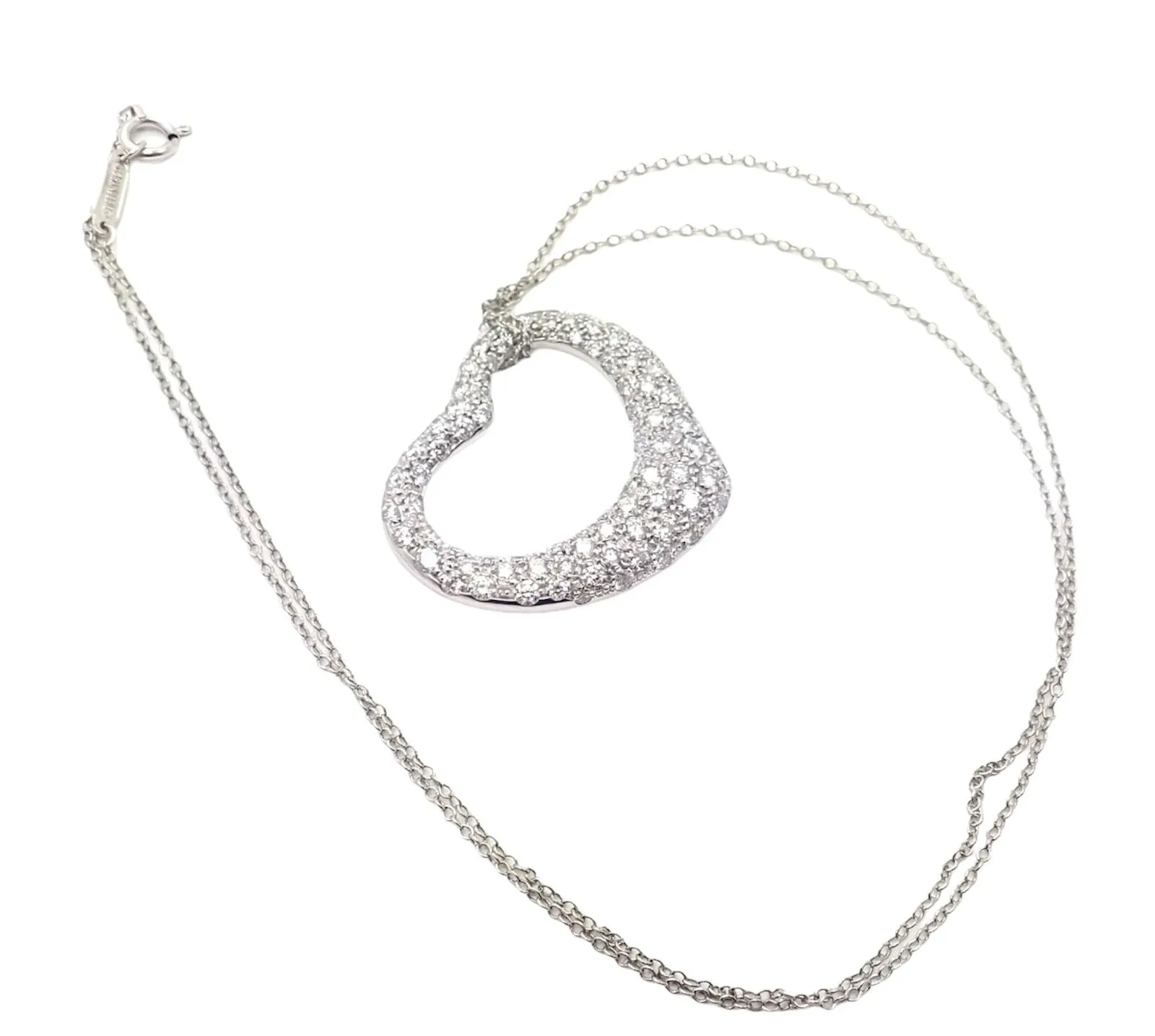 Authentic! Tiffany & Co Elsa Peretti Platinum Diamond Large Open Heart Necklace