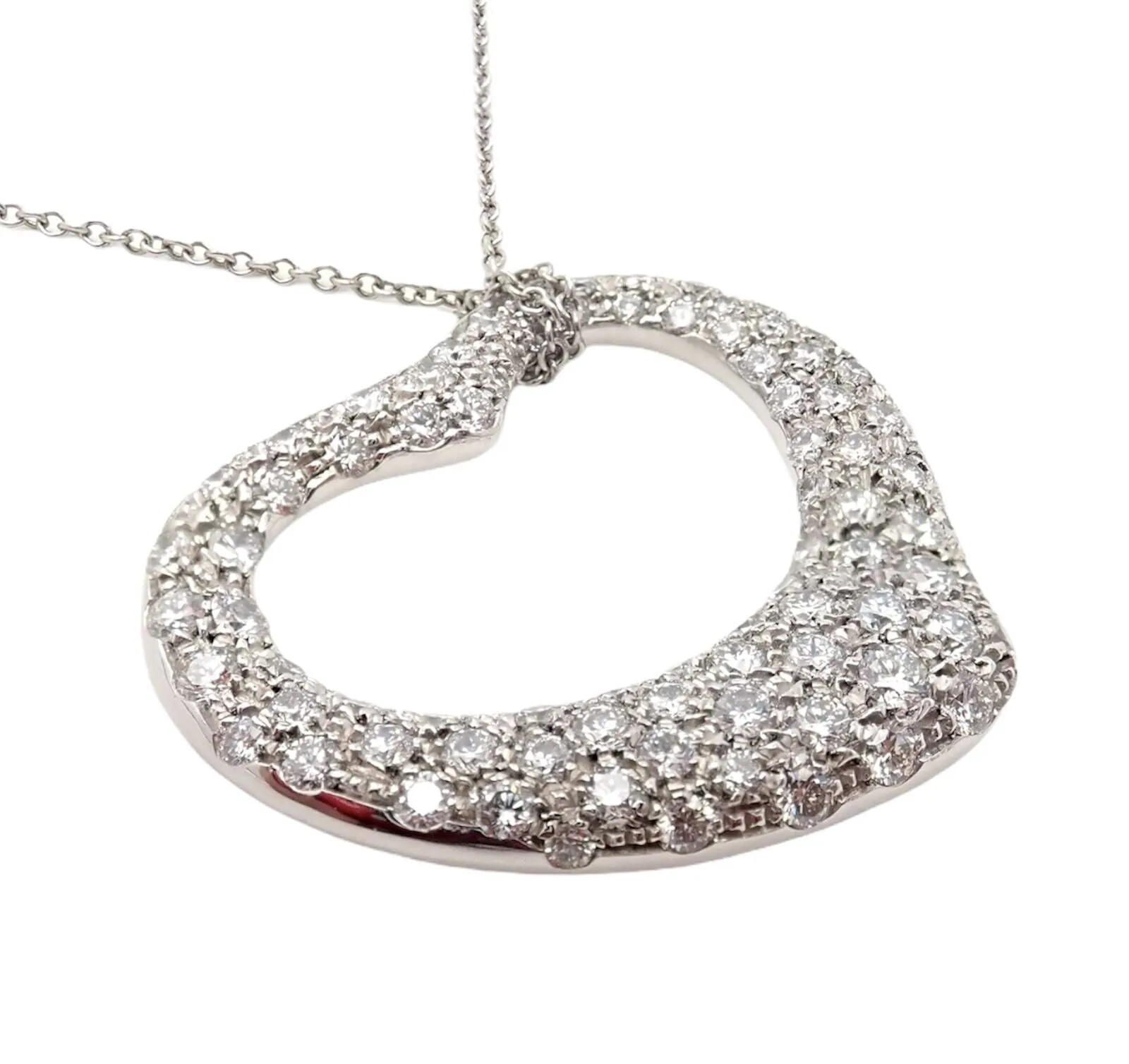 Authentic! Tiffany & Co Elsa Peretti Platinum Diamond Large Open Heart Necklace