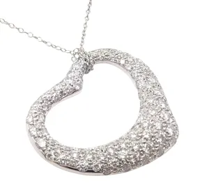 Authentic! Tiffany & Co Elsa Peretti Platinum Diamond Large Open Heart Necklace