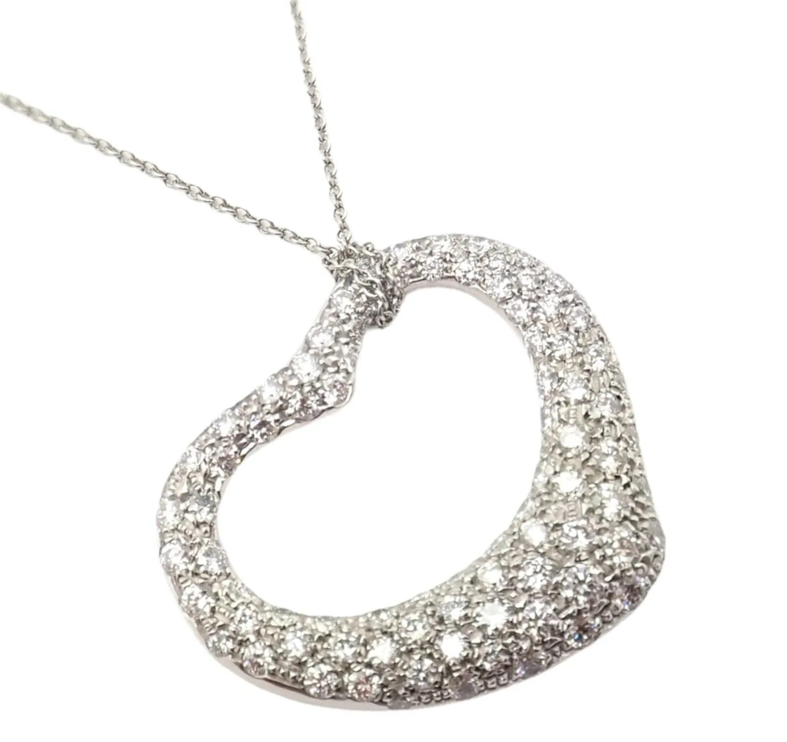 Authentic! Tiffany & Co Elsa Peretti Platinum Diamond Large Open Heart Necklace