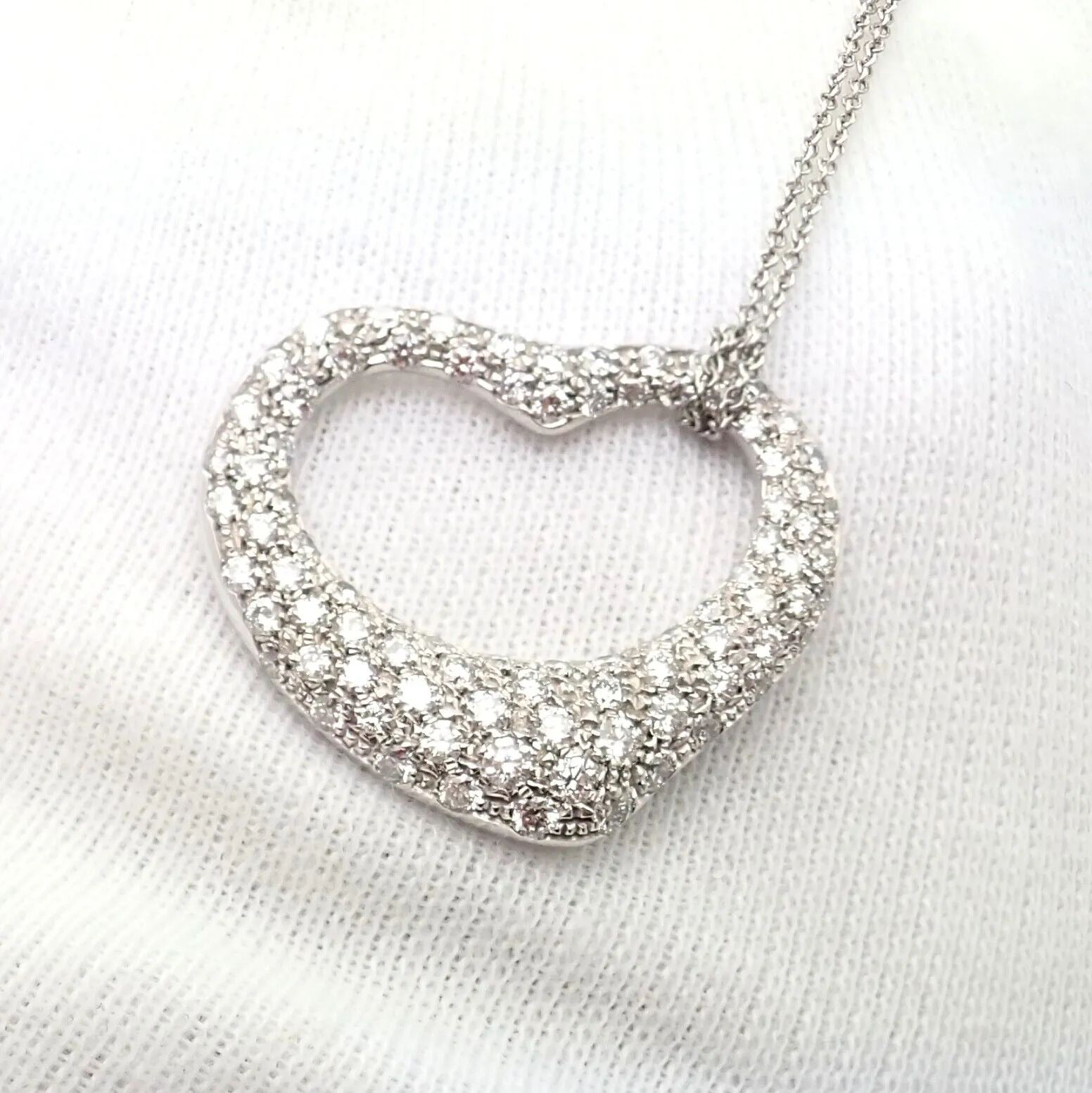 Authentic! Tiffany & Co Elsa Peretti Platinum Diamond Large Open Heart Necklace