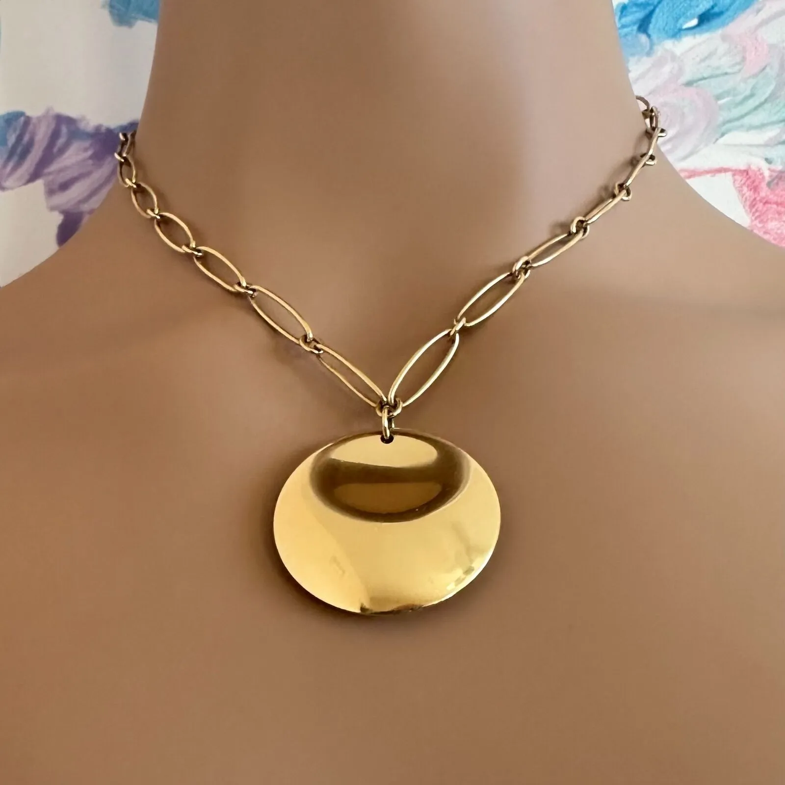 Authentic! Tiffany & Co Peretti 18k Yellow Gold 30mm Disc Pendant Necklace