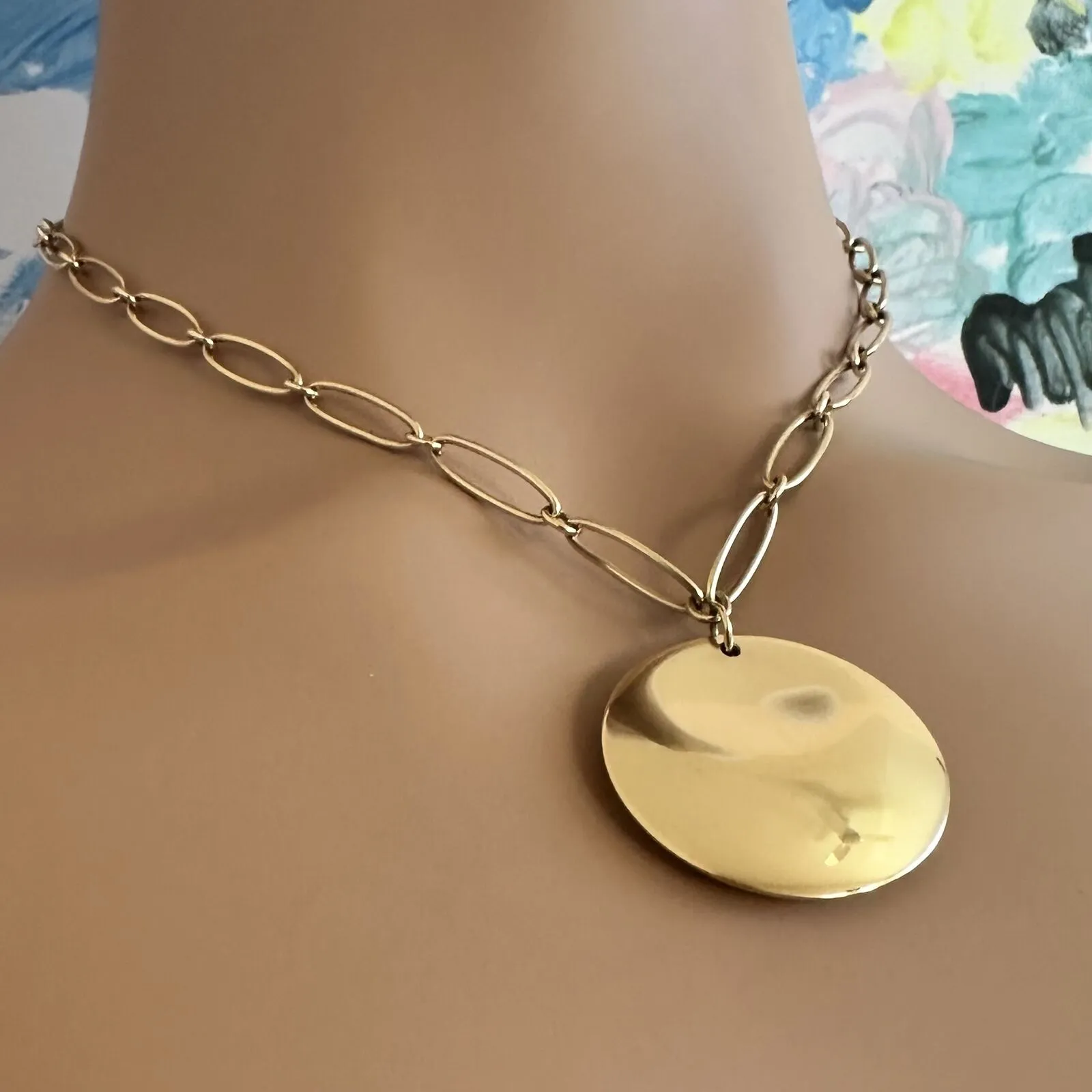 Authentic! Tiffany & Co Peretti 18k Yellow Gold 30mm Disc Pendant Necklace