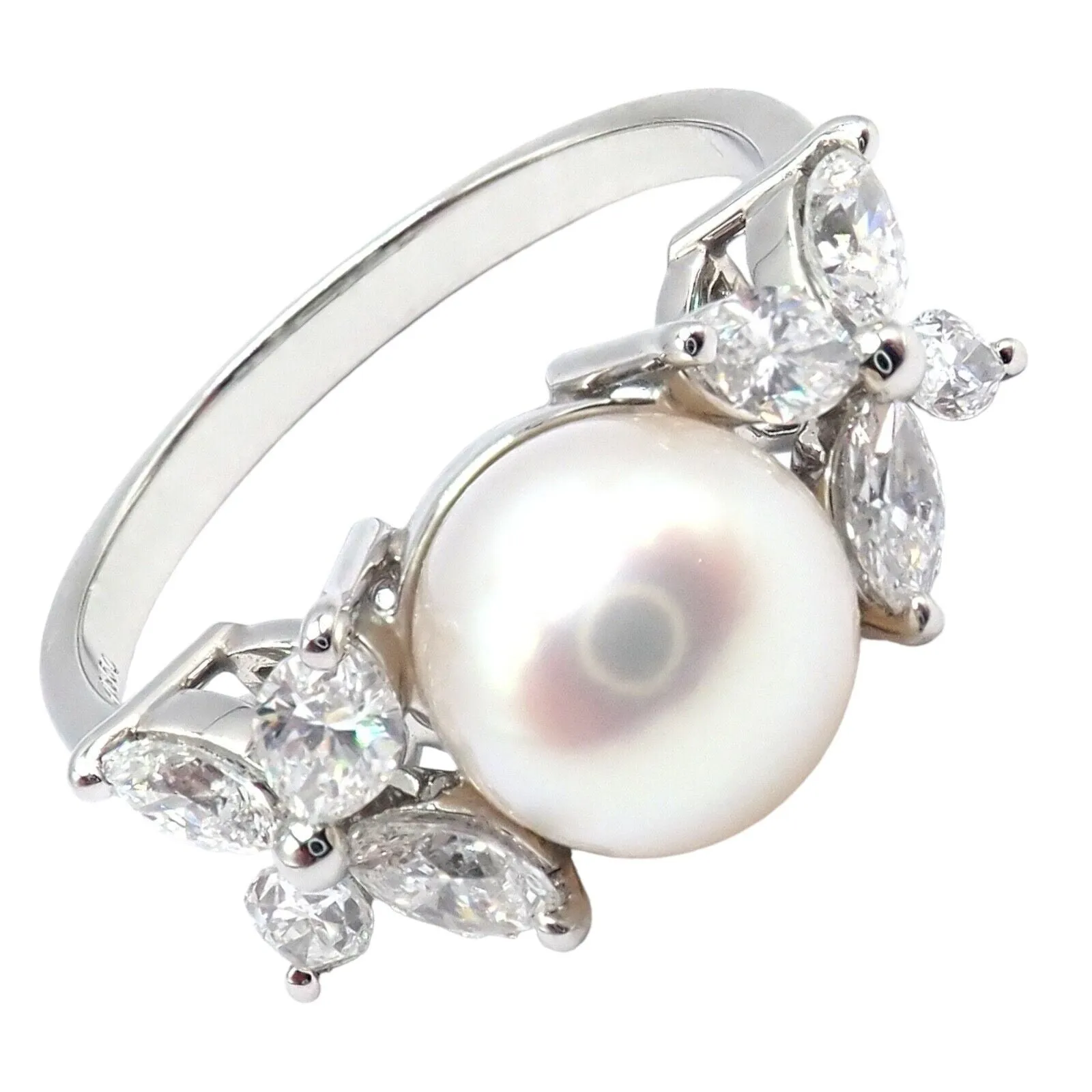 Authentic! Tiffany & Co Victoria Platinum Diamond 7.5mm Pearl Band Ring