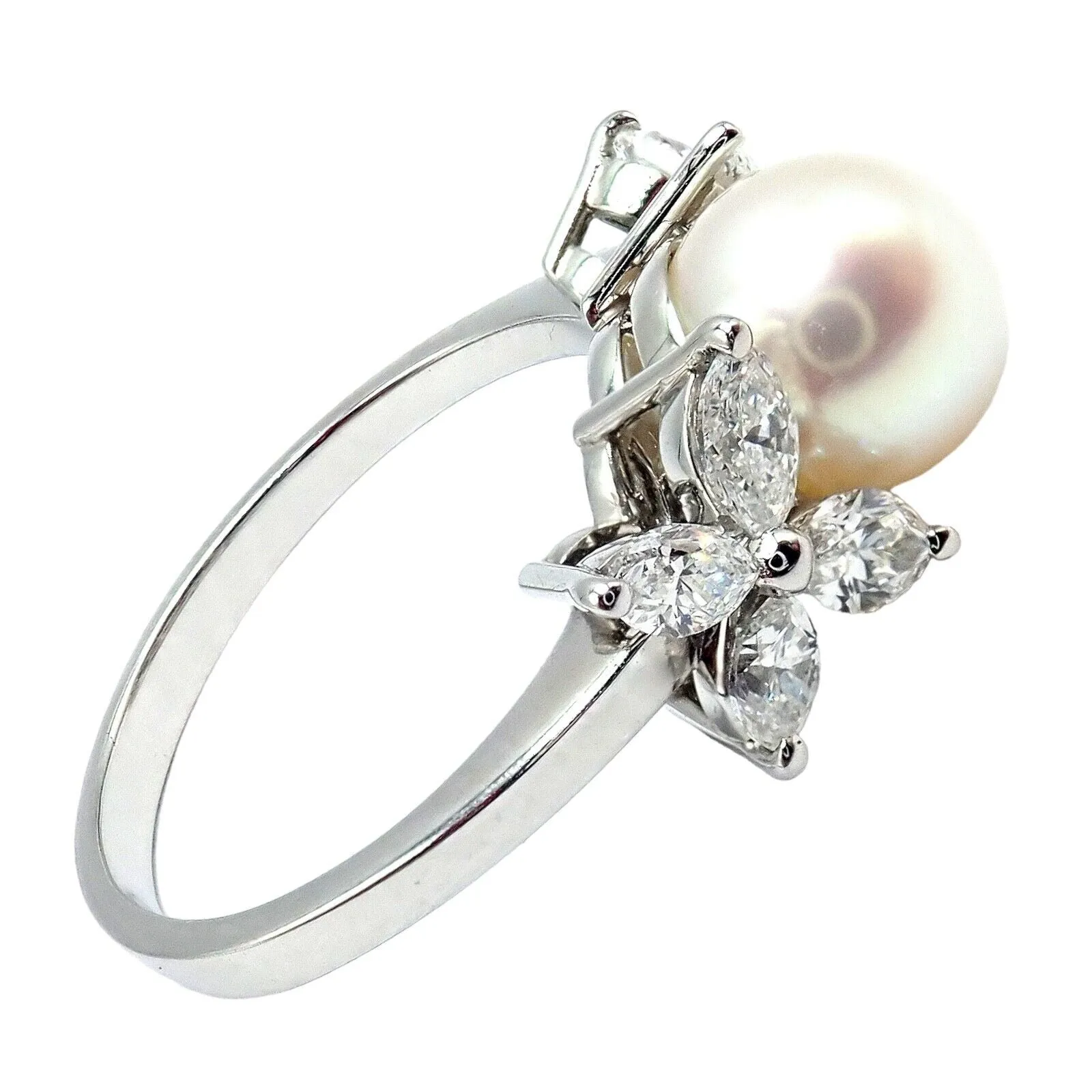 Authentic! Tiffany & Co Victoria Platinum Diamond 7.5mm Pearl Band Ring