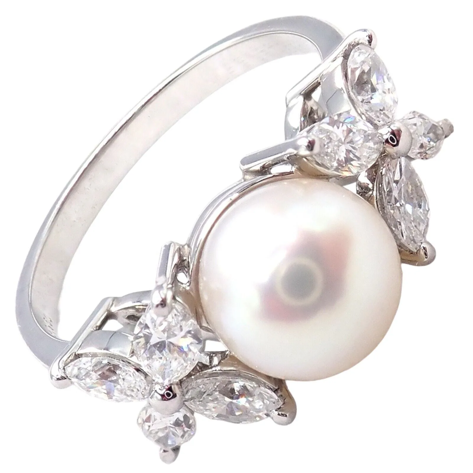 Authentic! Tiffany & Co Victoria Platinum Diamond 7.5mm Pearl Band Ring