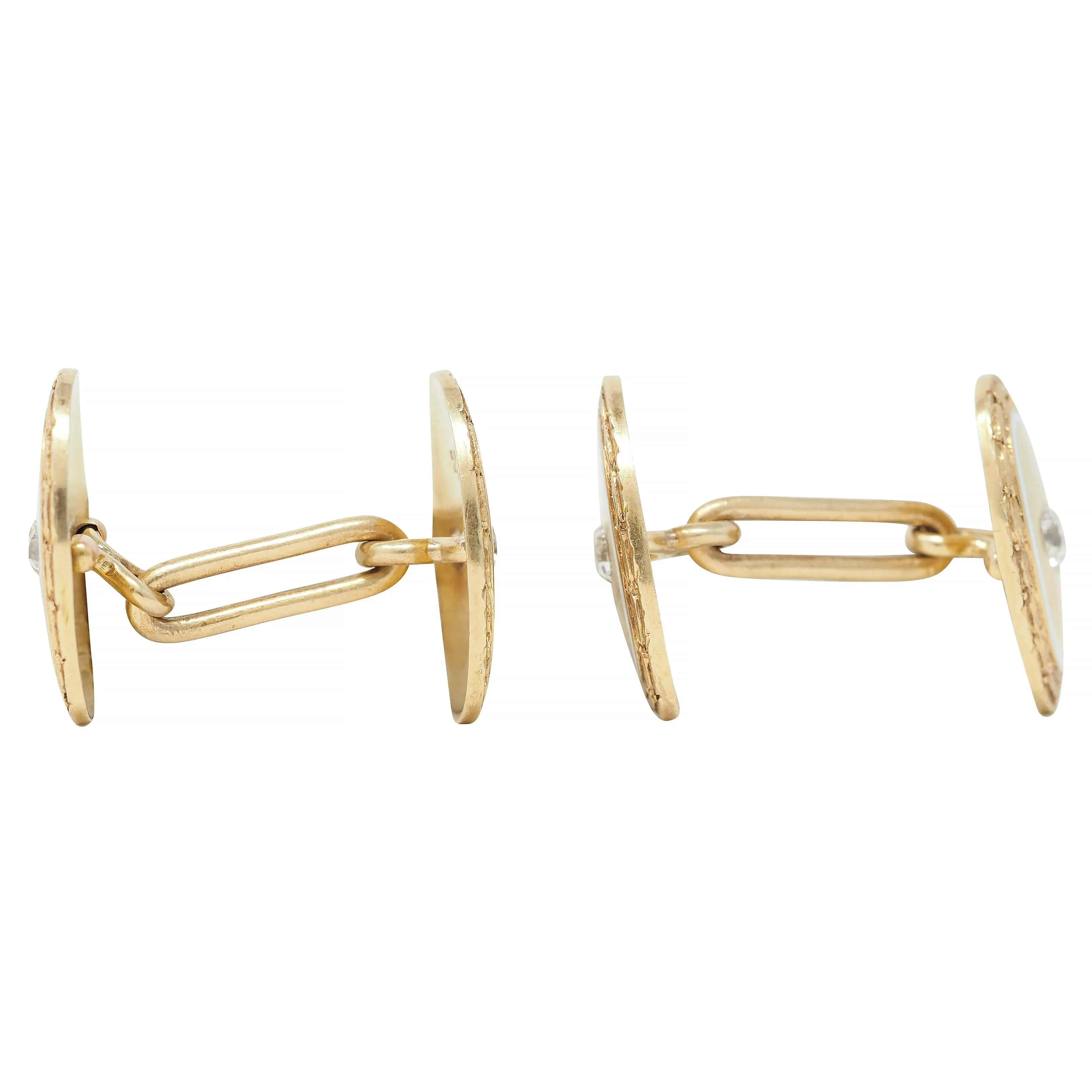Bailey Banks & Biddle Victorian Diamond Enamel 14 Karat Yellow Gold Antique Wheat Cufflinks