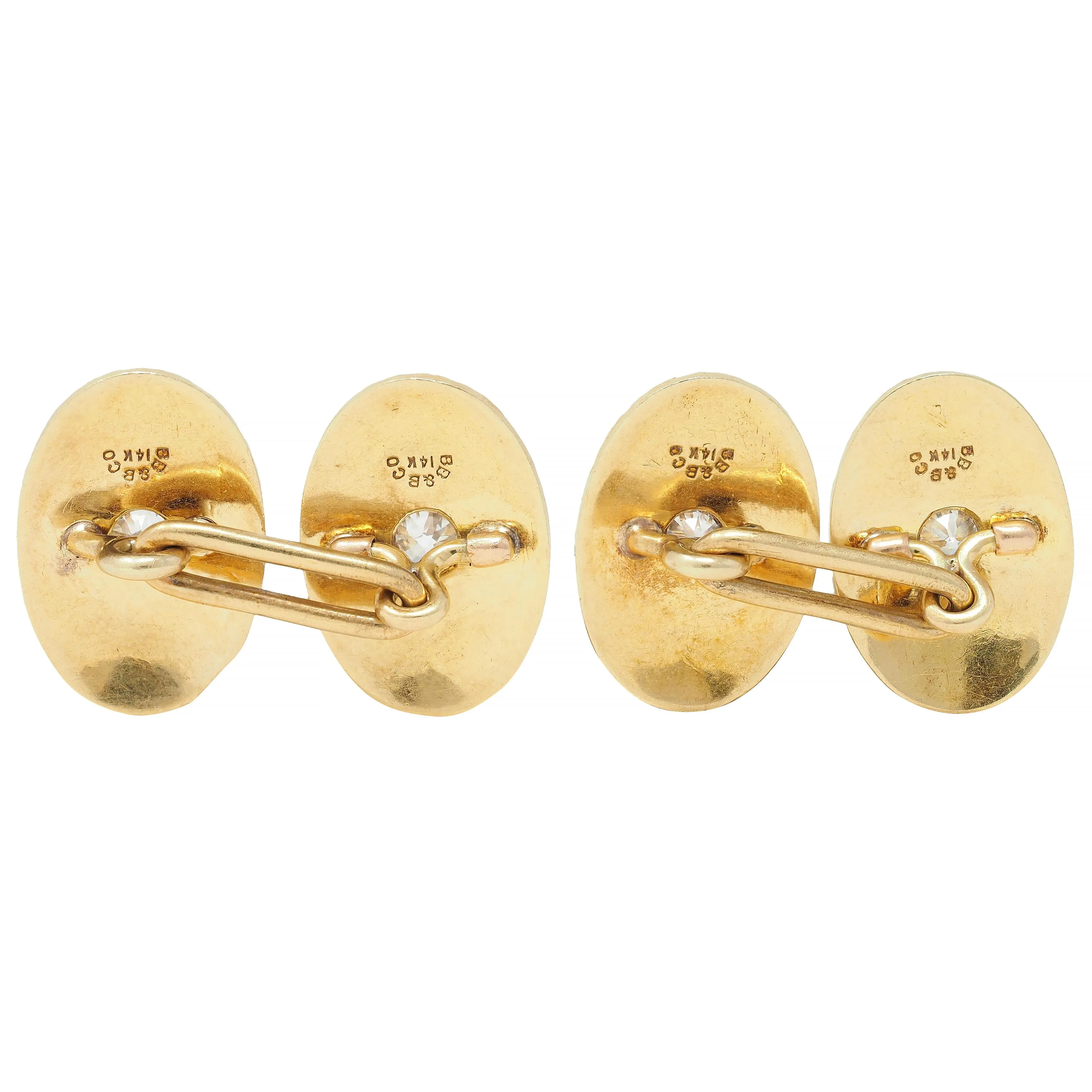 Bailey Banks & Biddle Victorian Diamond Enamel 14 Karat Yellow Gold Antique Wheat Cufflinks