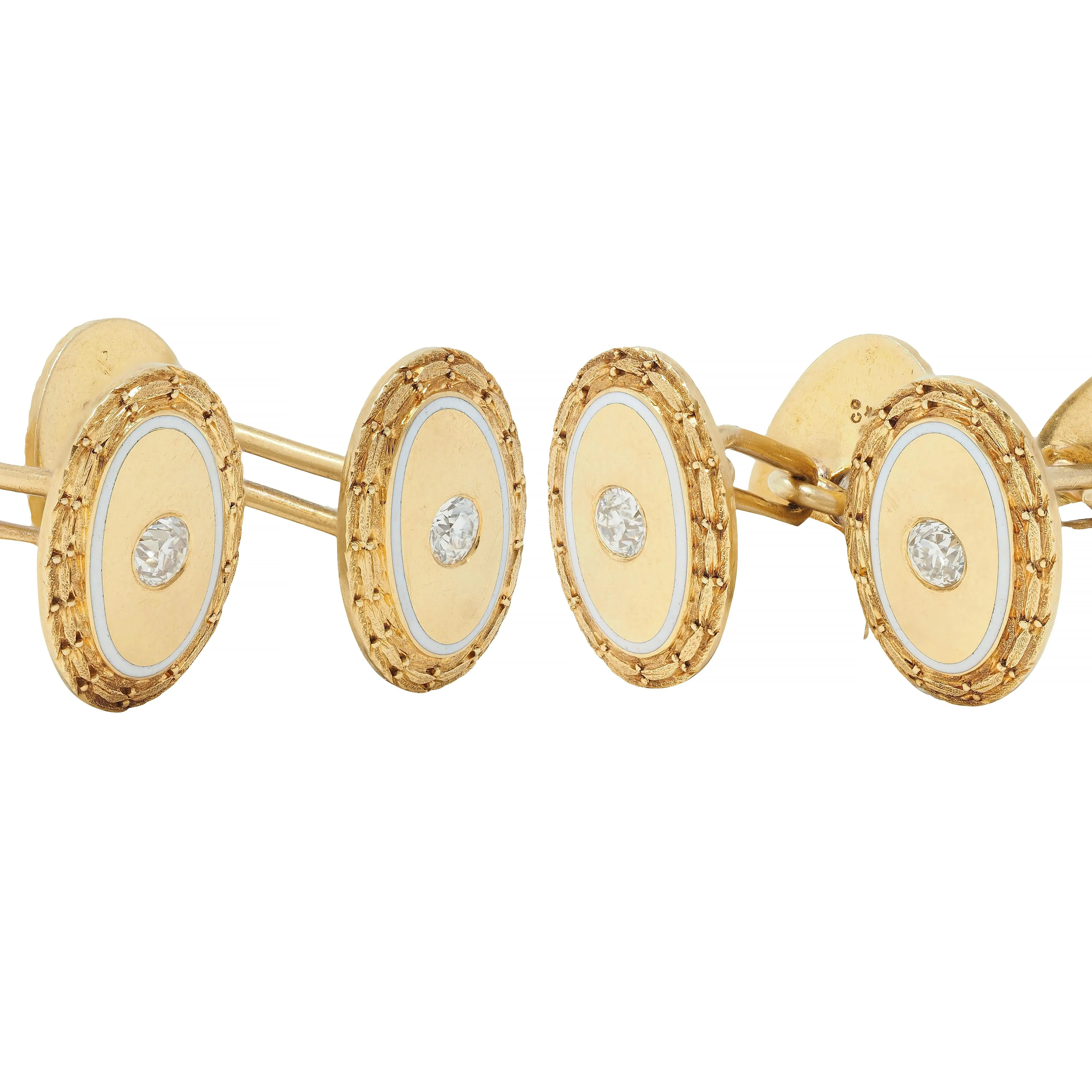 Bailey Banks & Biddle Victorian Diamond Enamel 14 Karat Yellow Gold Antique Wheat Cufflinks