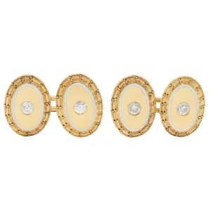 Bailey Banks & Biddle Victorian Diamond Enamel 14 Karat Yellow Gold Antique Wheat Cufflinks