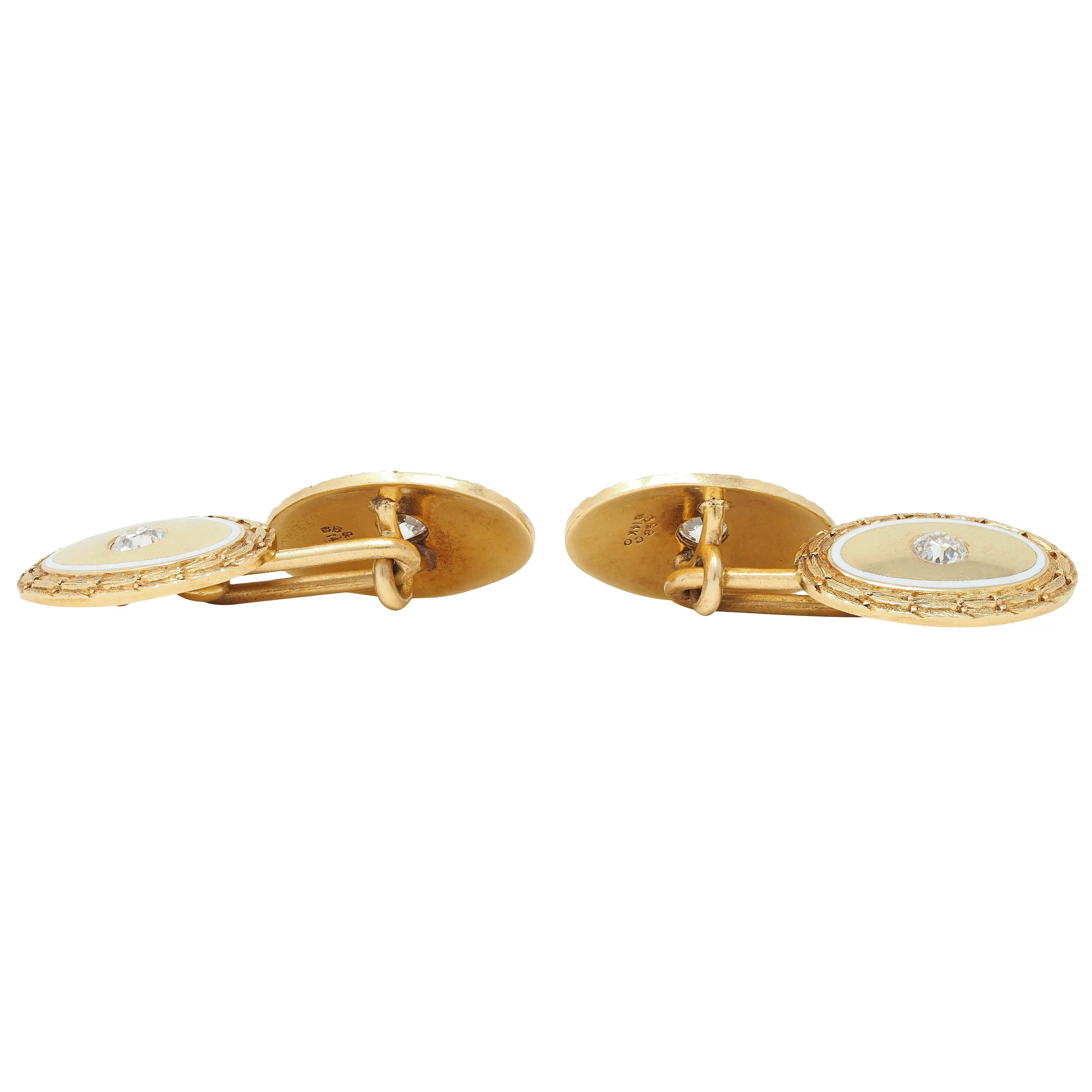 Bailey Banks & Biddle Victorian Diamond Enamel 14 Karat Yellow Gold Antique Wheat Cufflinks
