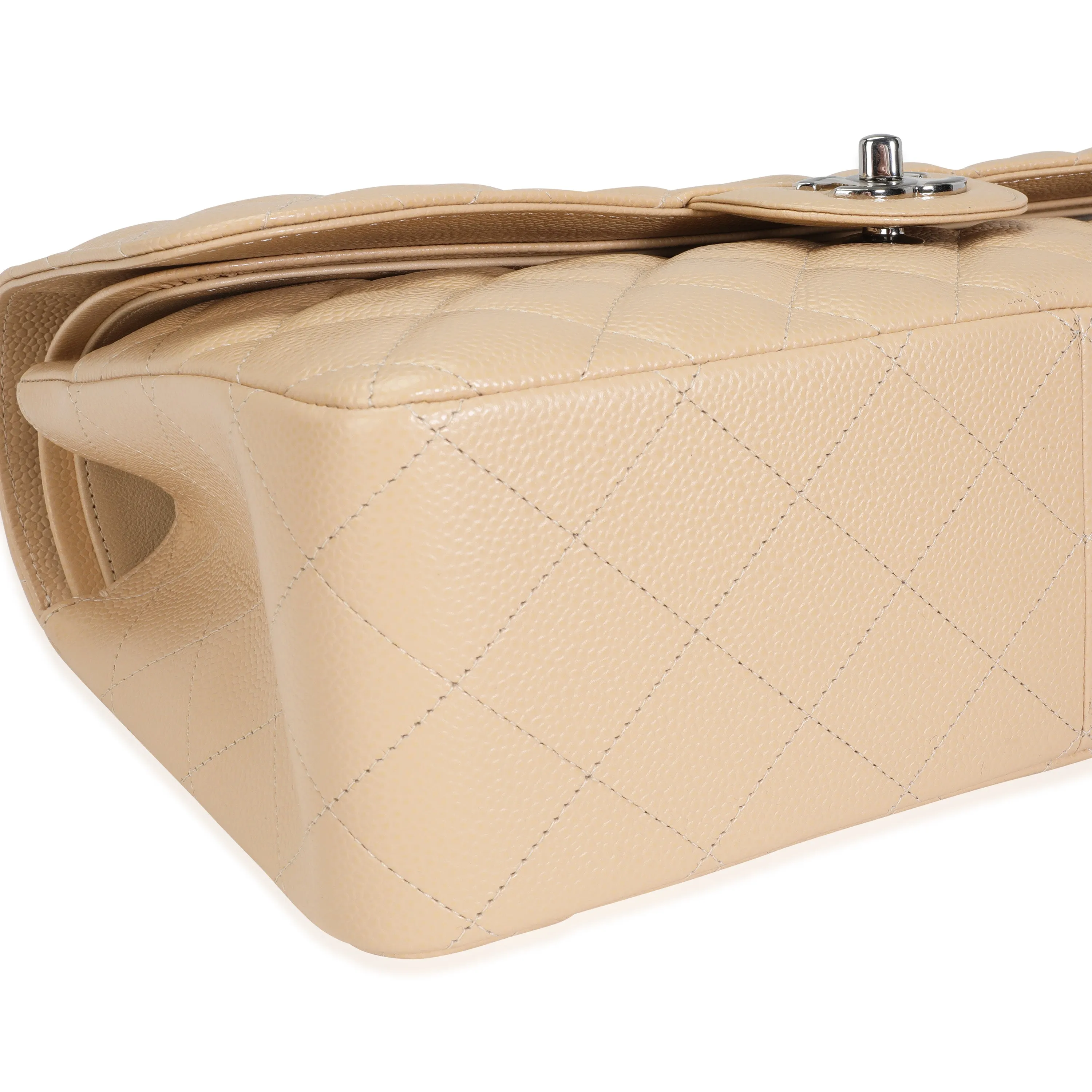 Beige Quilted Caviar Jumbo Classic Double Flap Handbag