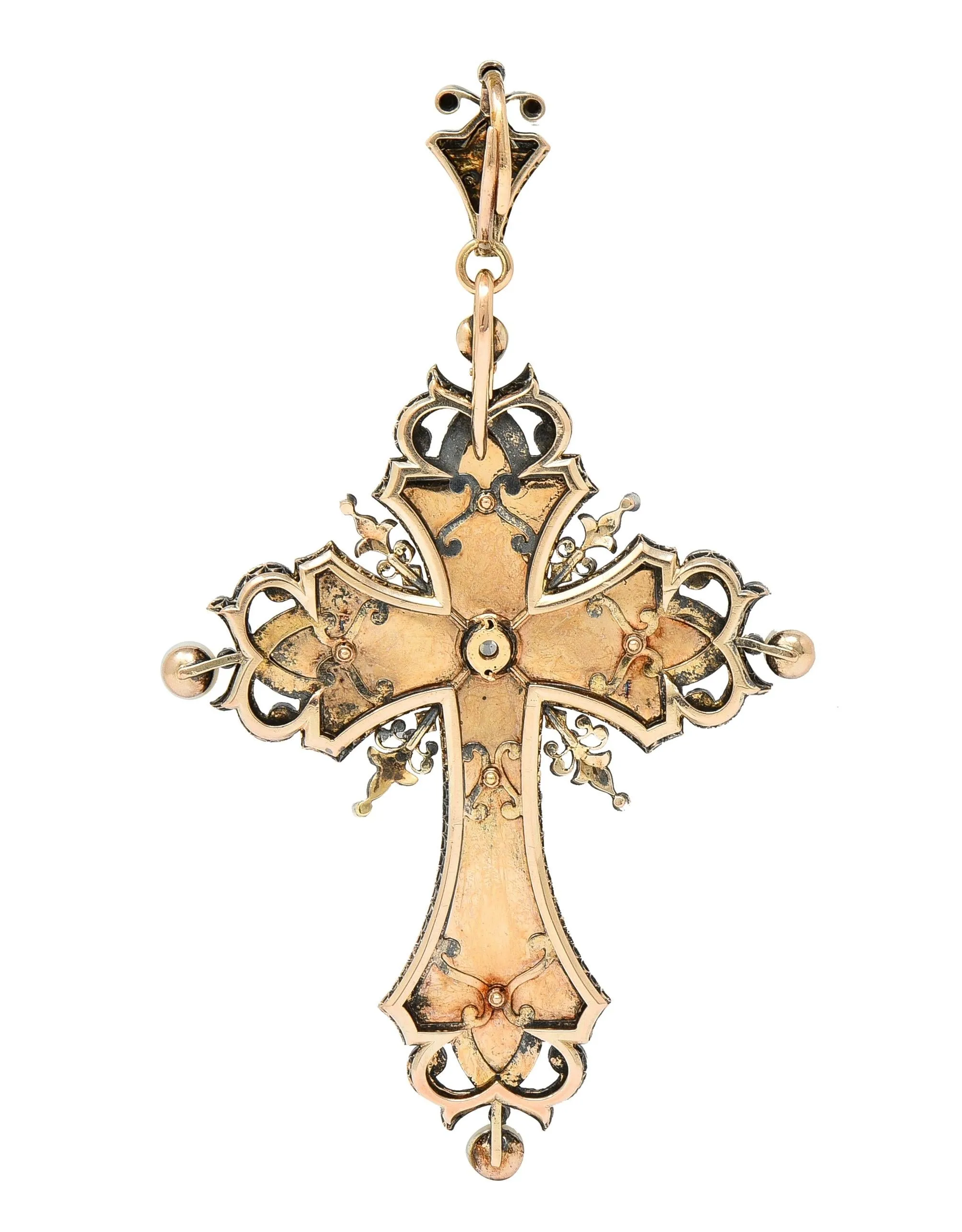Boucheron Substantial Victorian Diamond Pearl Enamel Silver 18 Karat Yellow Gold Antique Cross Pendant