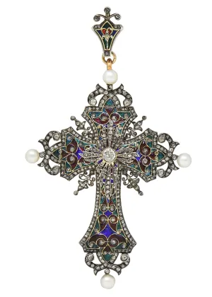 Boucheron Substantial Victorian Diamond Pearl Enamel Silver 18 Karat Yellow Gold Antique Cross Pendant