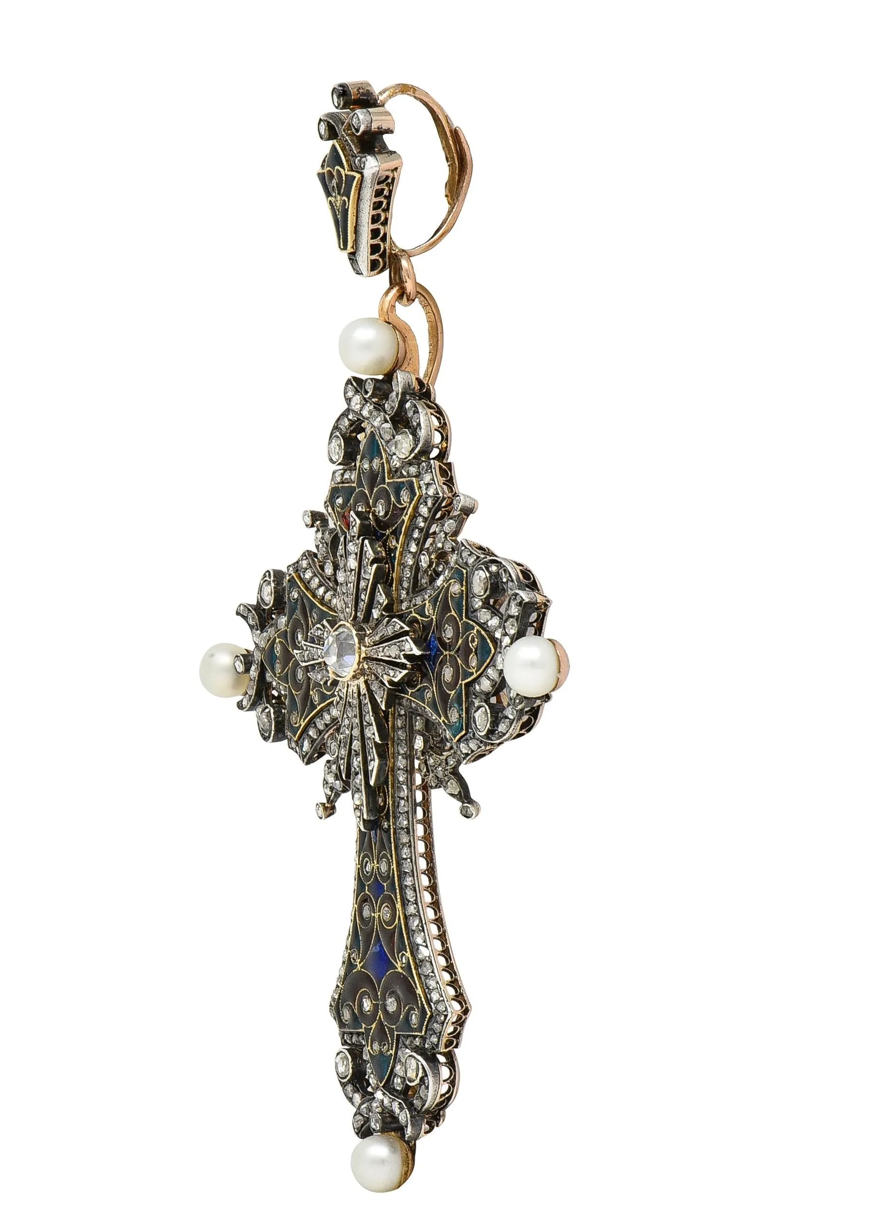 Boucheron Substantial Victorian Diamond Pearl Enamel Silver 18 Karat Yellow Gold Antique Cross Pendant