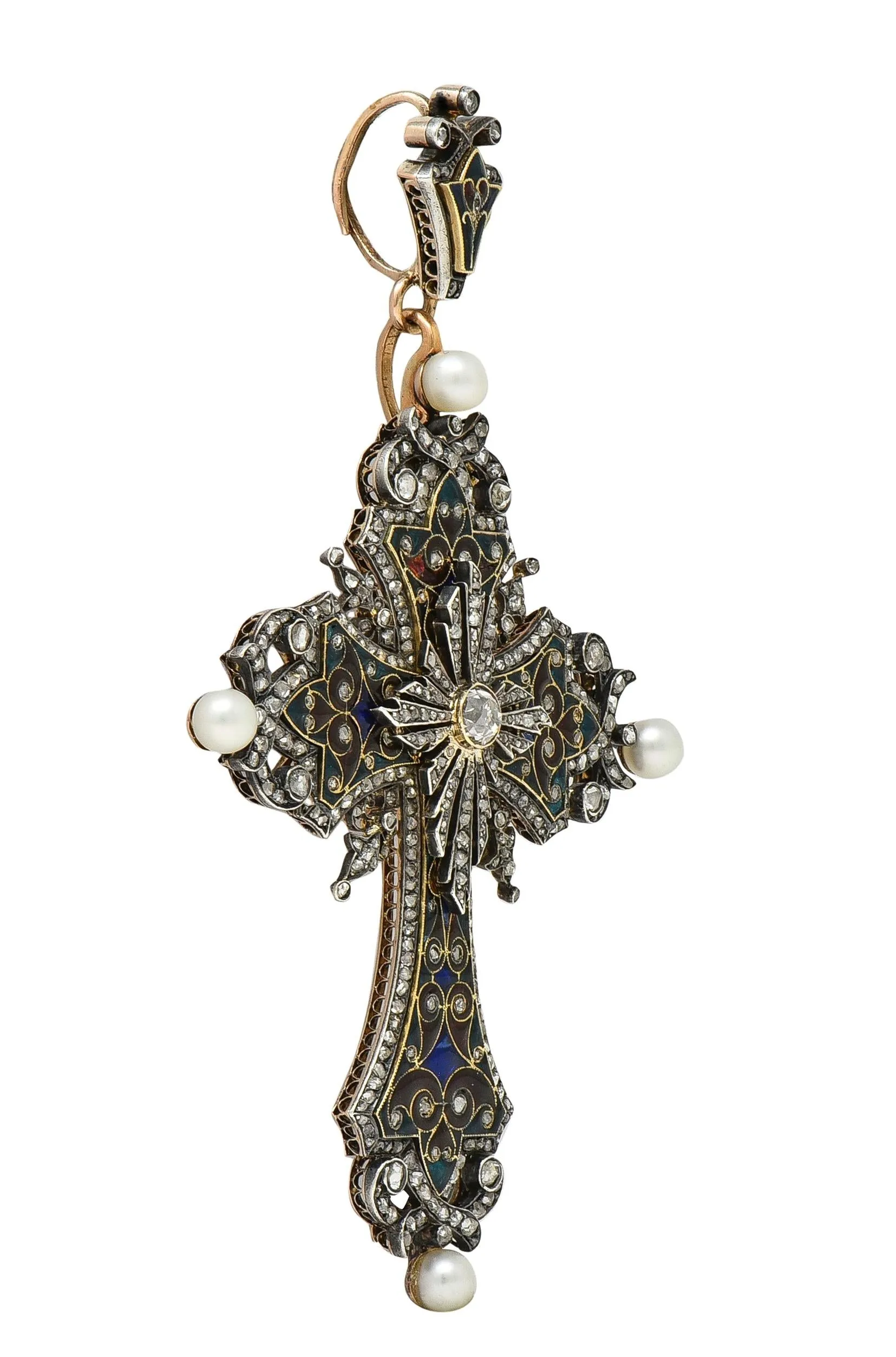 Boucheron Substantial Victorian Diamond Pearl Enamel Silver 18 Karat Yellow Gold Antique Cross Pendant