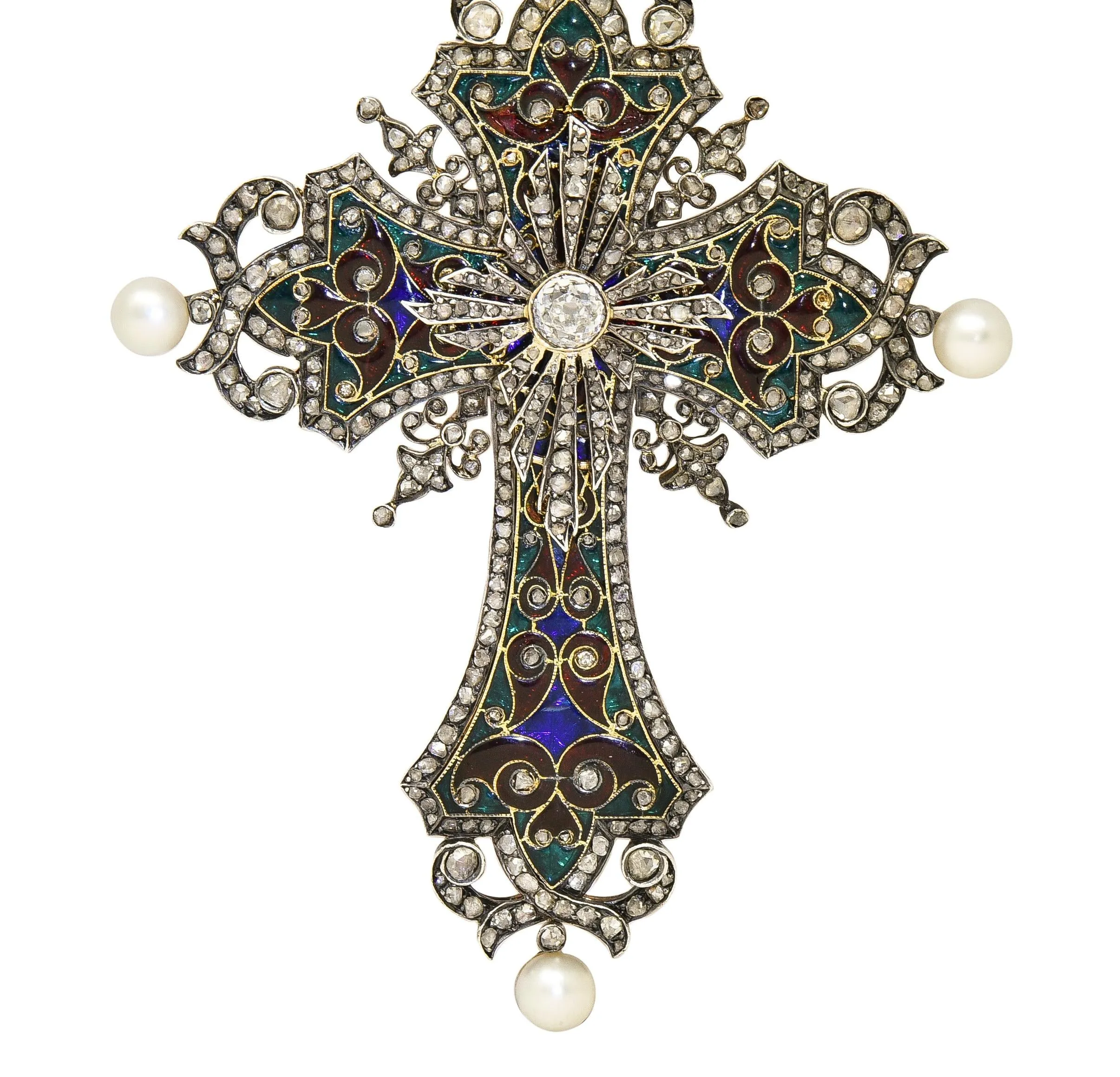 Boucheron Substantial Victorian Diamond Pearl Enamel Silver 18 Karat Yellow Gold Antique Cross Pendant