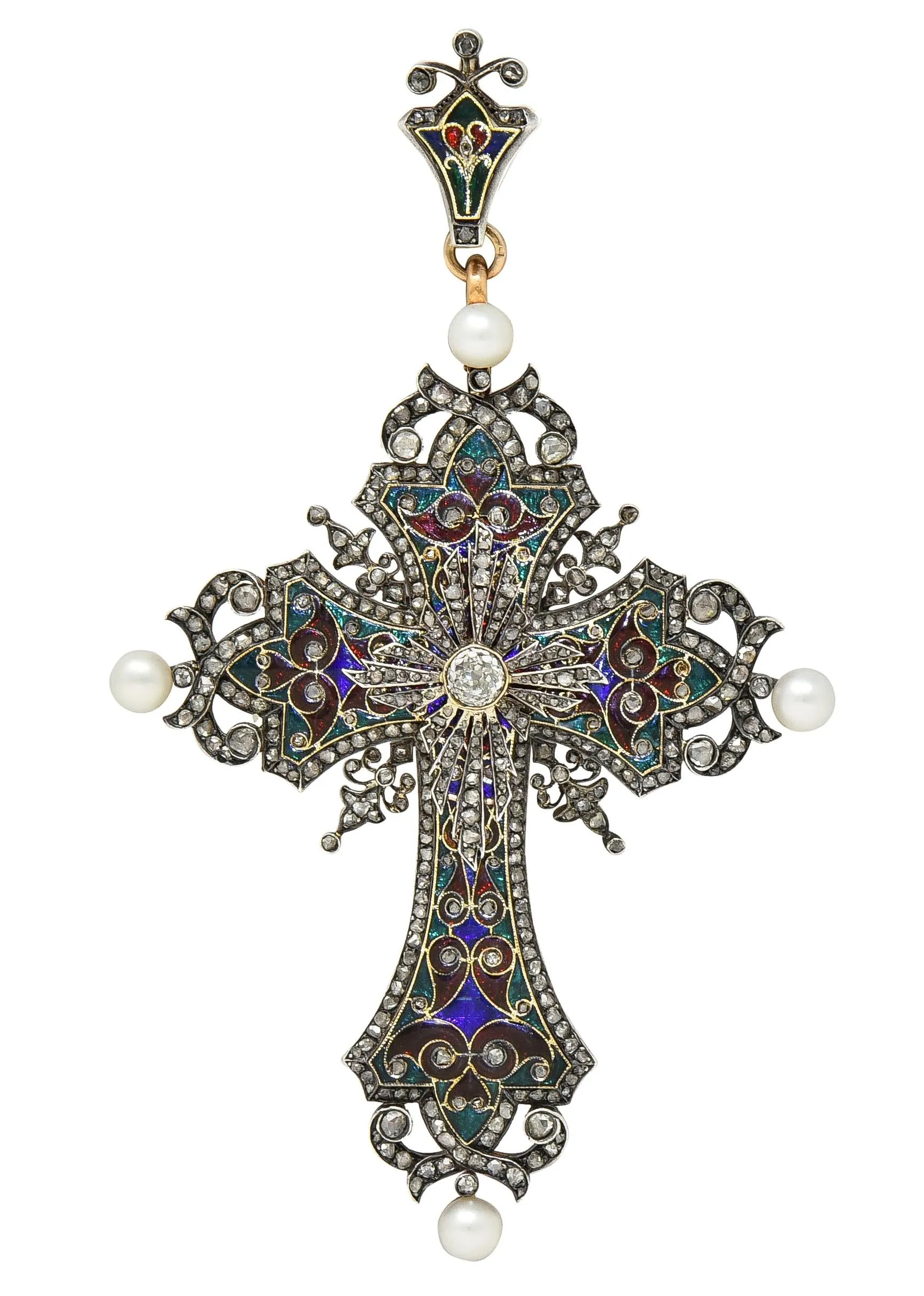 Boucheron Substantial Victorian Diamond Pearl Enamel Silver 18 Karat Yellow Gold Antique Cross Pendant