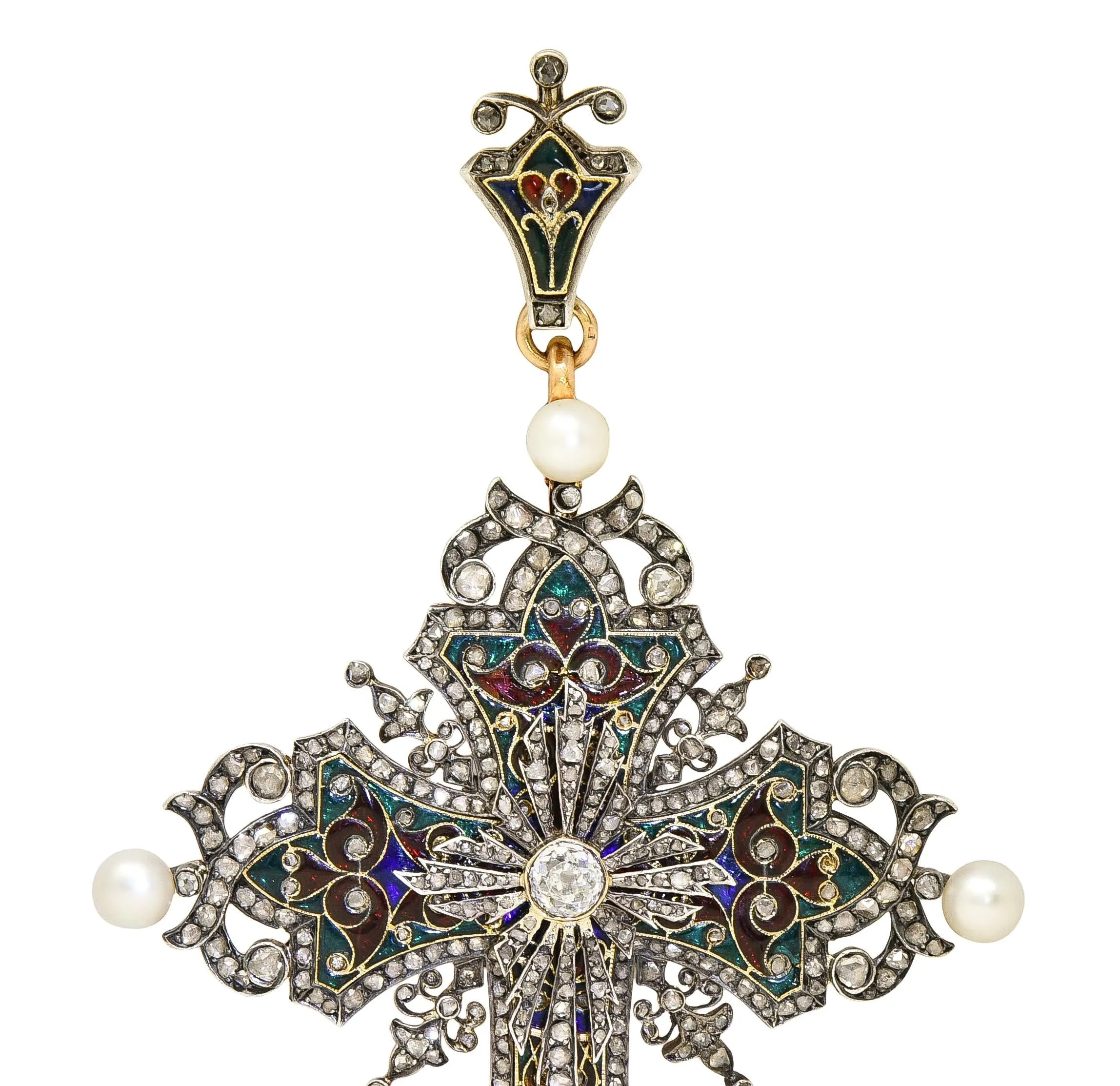Boucheron Substantial Victorian Diamond Pearl Enamel Silver 18 Karat Yellow Gold Antique Cross Pendant