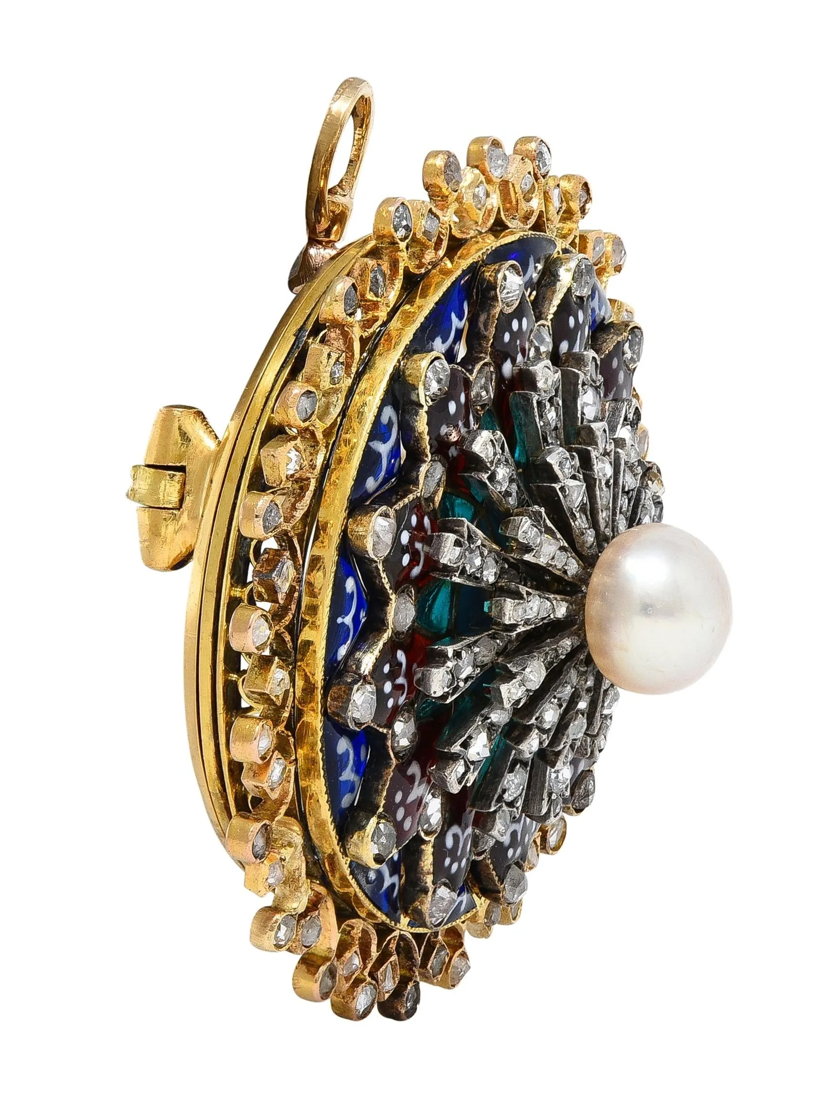 Boucheron Victorian Diamond Pearl Enamel Silver 18 Karat Yellow Gold Antique Rose Window Pendant Brooch