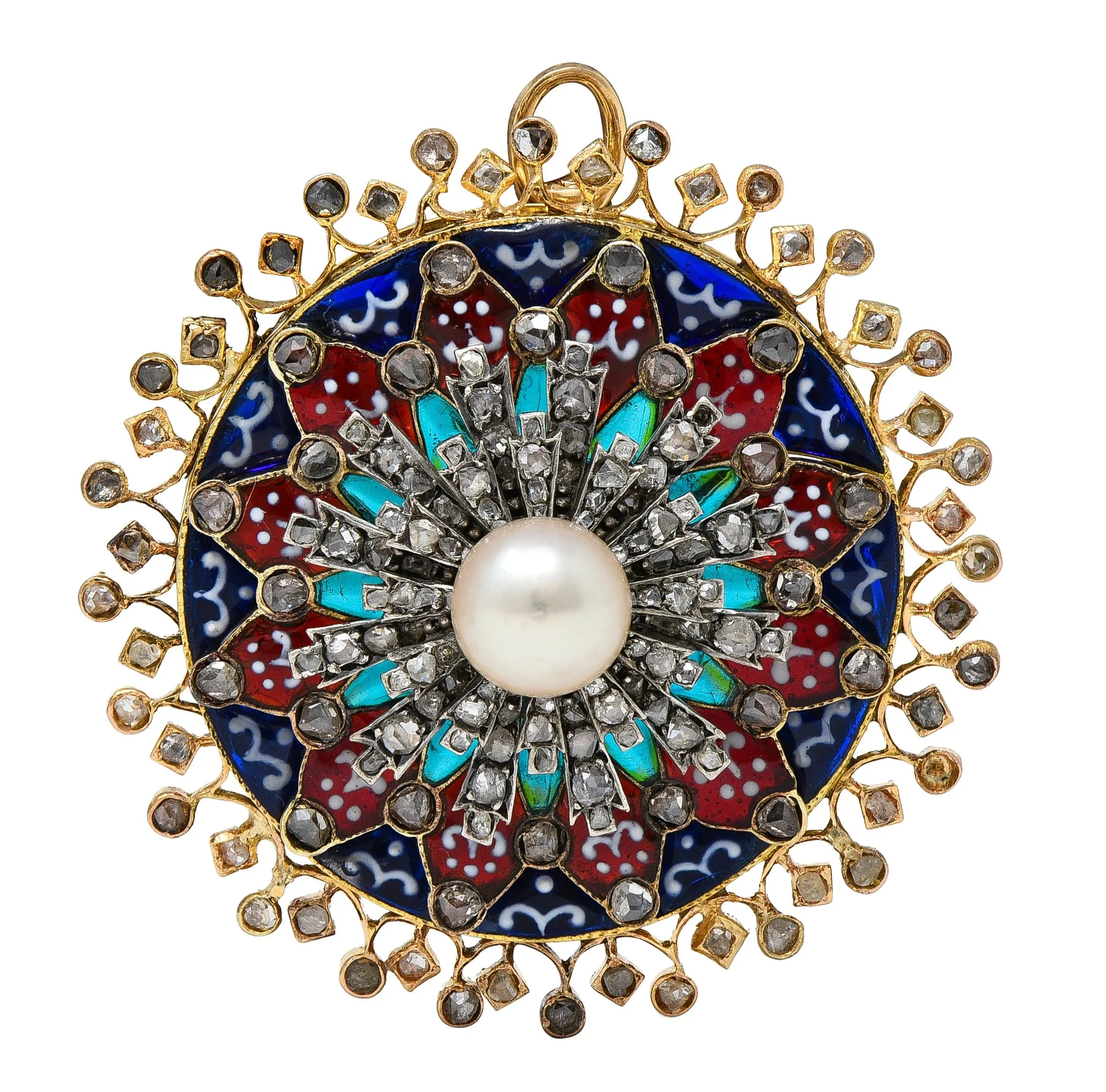 Boucheron Victorian Diamond Pearl Enamel Silver 18 Karat Yellow Gold Antique Rose Window Pendant Brooch