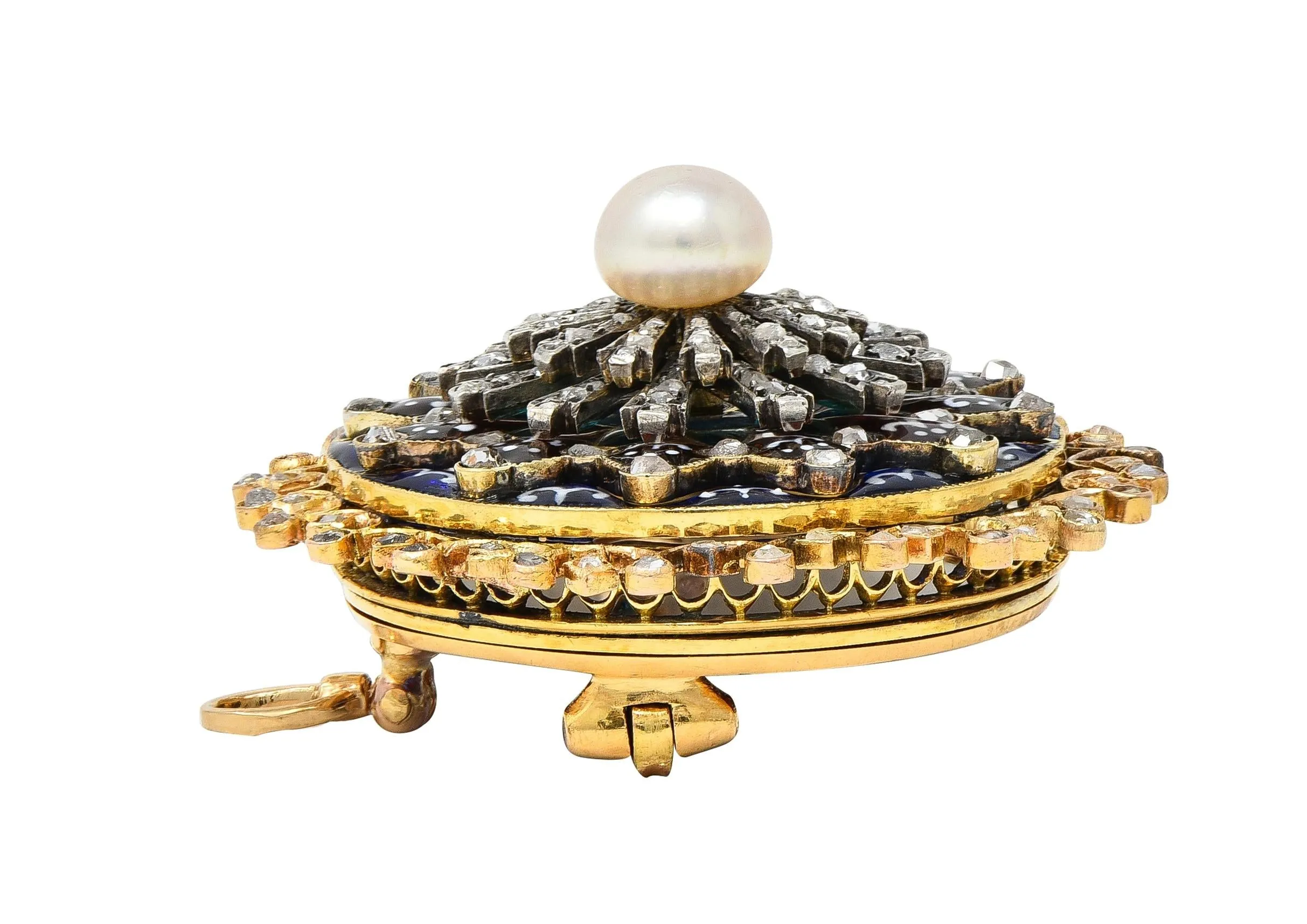 Boucheron Victorian Diamond Pearl Enamel Silver 18 Karat Yellow Gold Antique Rose Window Pendant Brooch