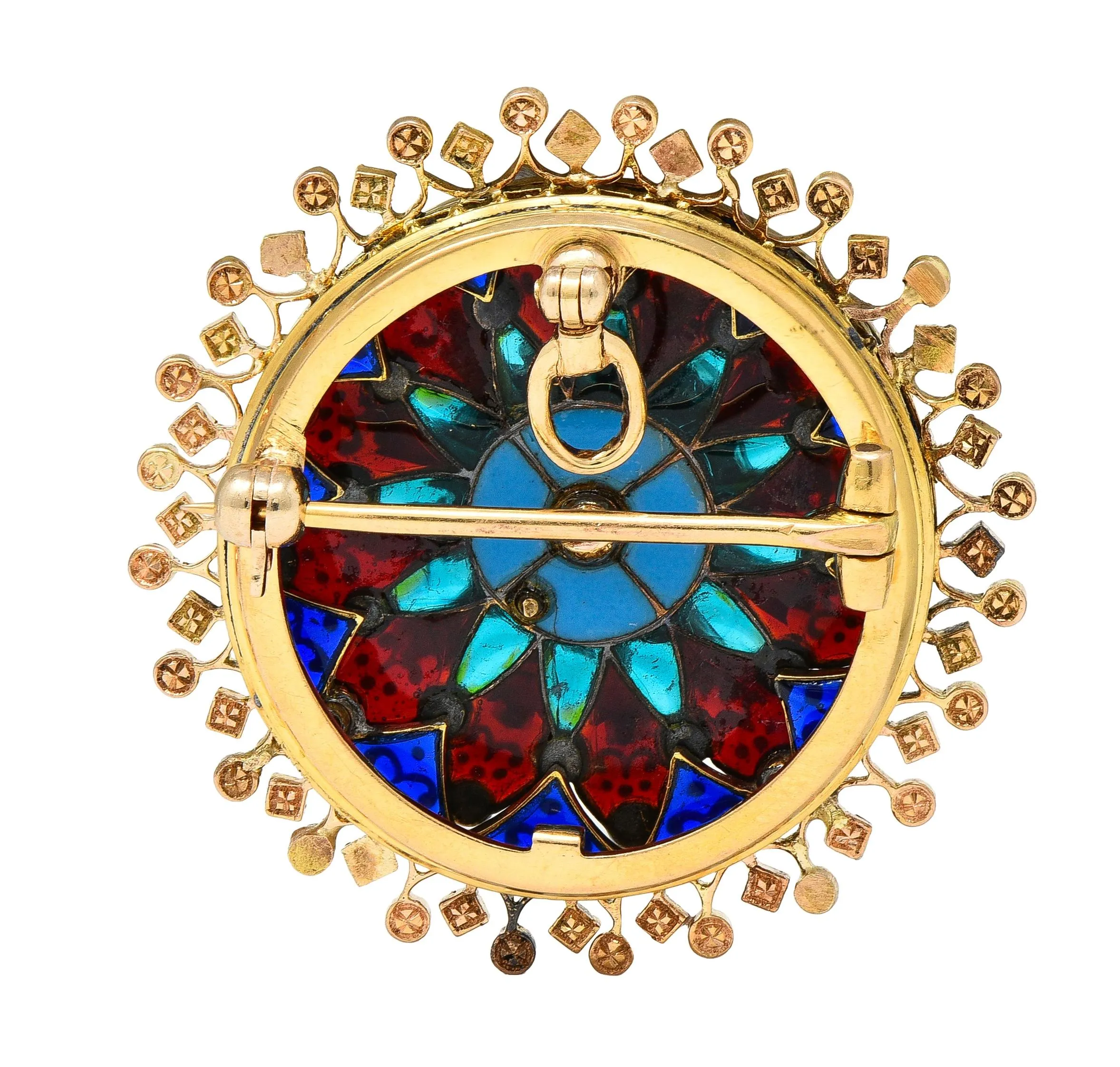 Boucheron Victorian Diamond Pearl Enamel Silver 18 Karat Yellow Gold Antique Rose Window Pendant Brooch