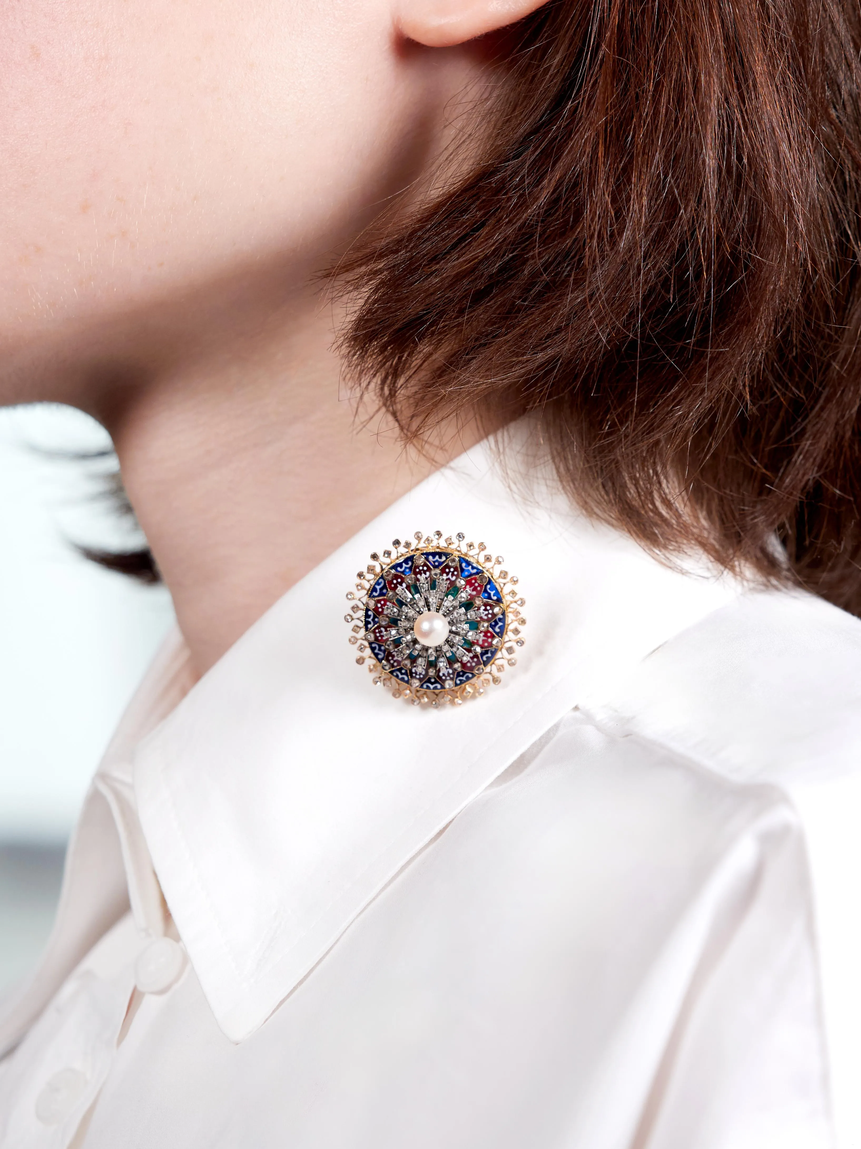 Boucheron Victorian Diamond Pearl Enamel Silver 18 Karat Yellow Gold Antique Rose Window Pendant Brooch