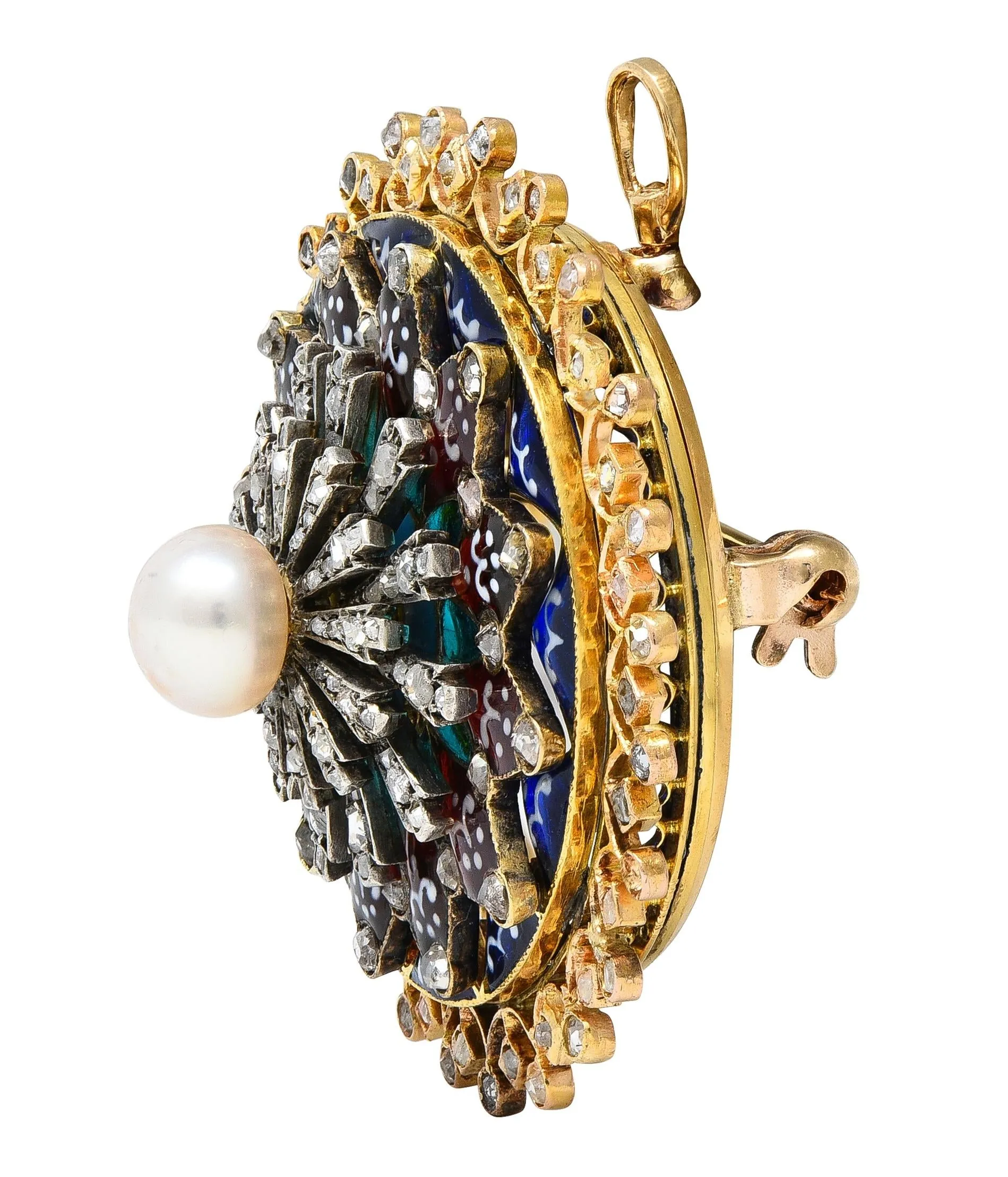 Boucheron Victorian Diamond Pearl Enamel Silver 18 Karat Yellow Gold Antique Rose Window Pendant Brooch