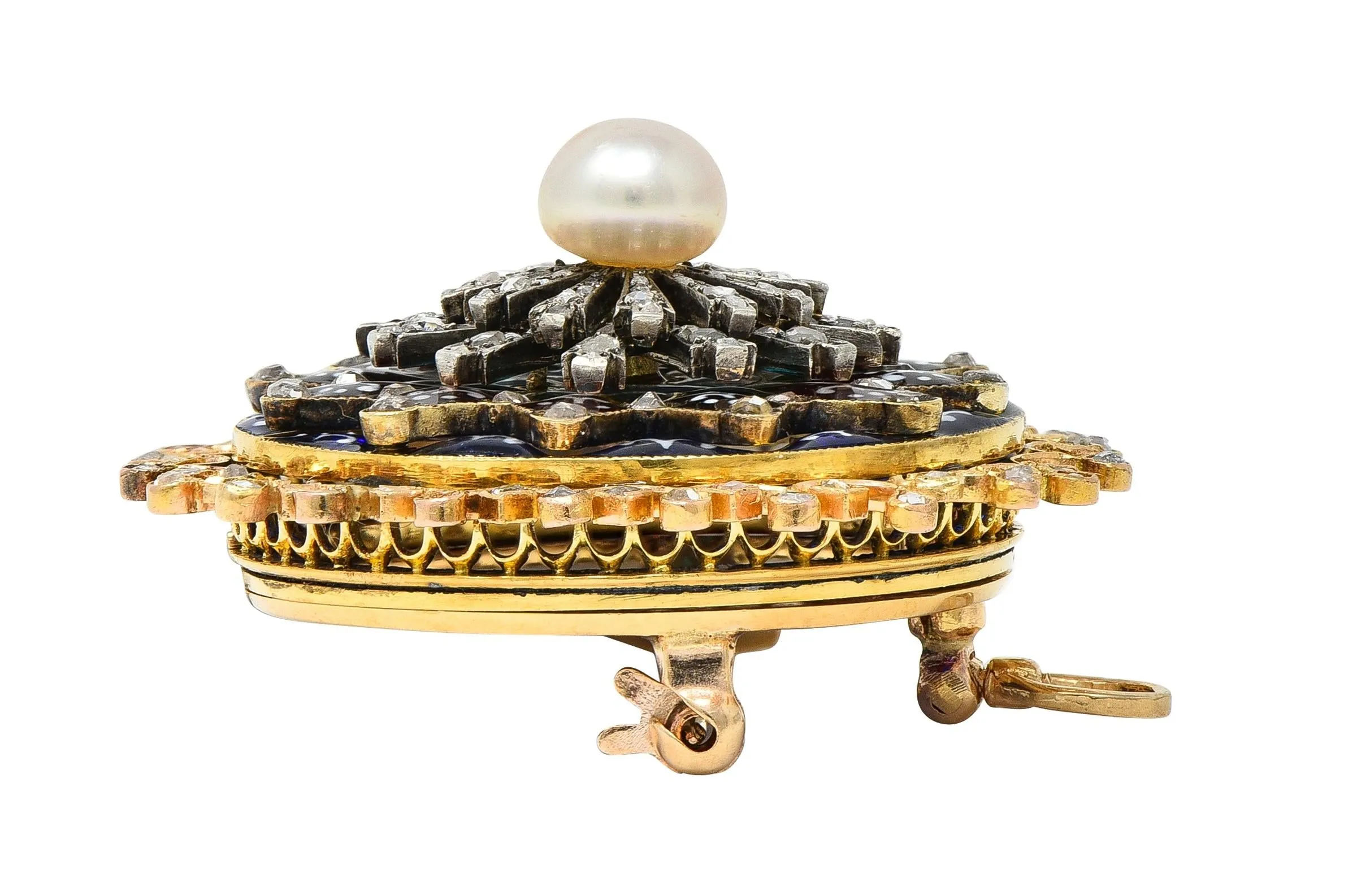 Boucheron Victorian Diamond Pearl Enamel Silver 18 Karat Yellow Gold Antique Rose Window Pendant Brooch