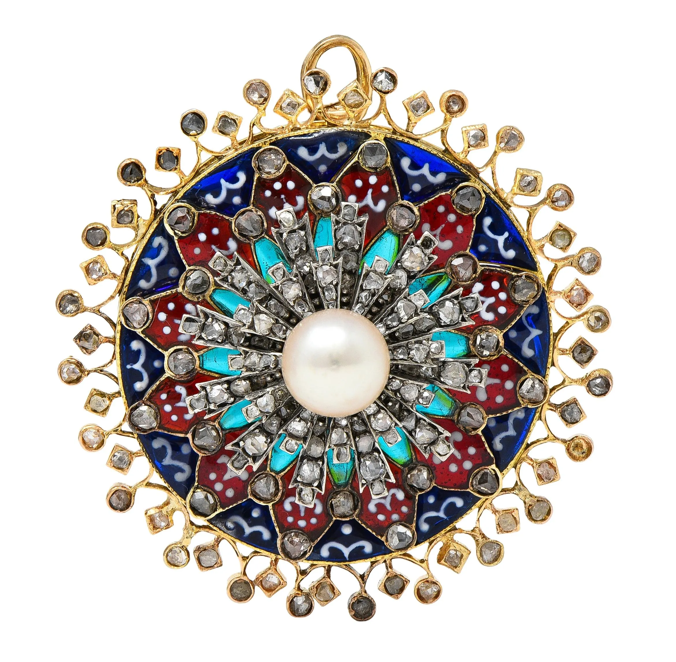 Boucheron Victorian Diamond Pearl Enamel Silver 18 Karat Yellow Gold Antique Rose Window Pendant Brooch