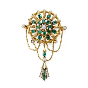 Carlo Giuliano London Renaissance Revival 18KT Yellow Gold Emerald & Natural Pearl Brooch