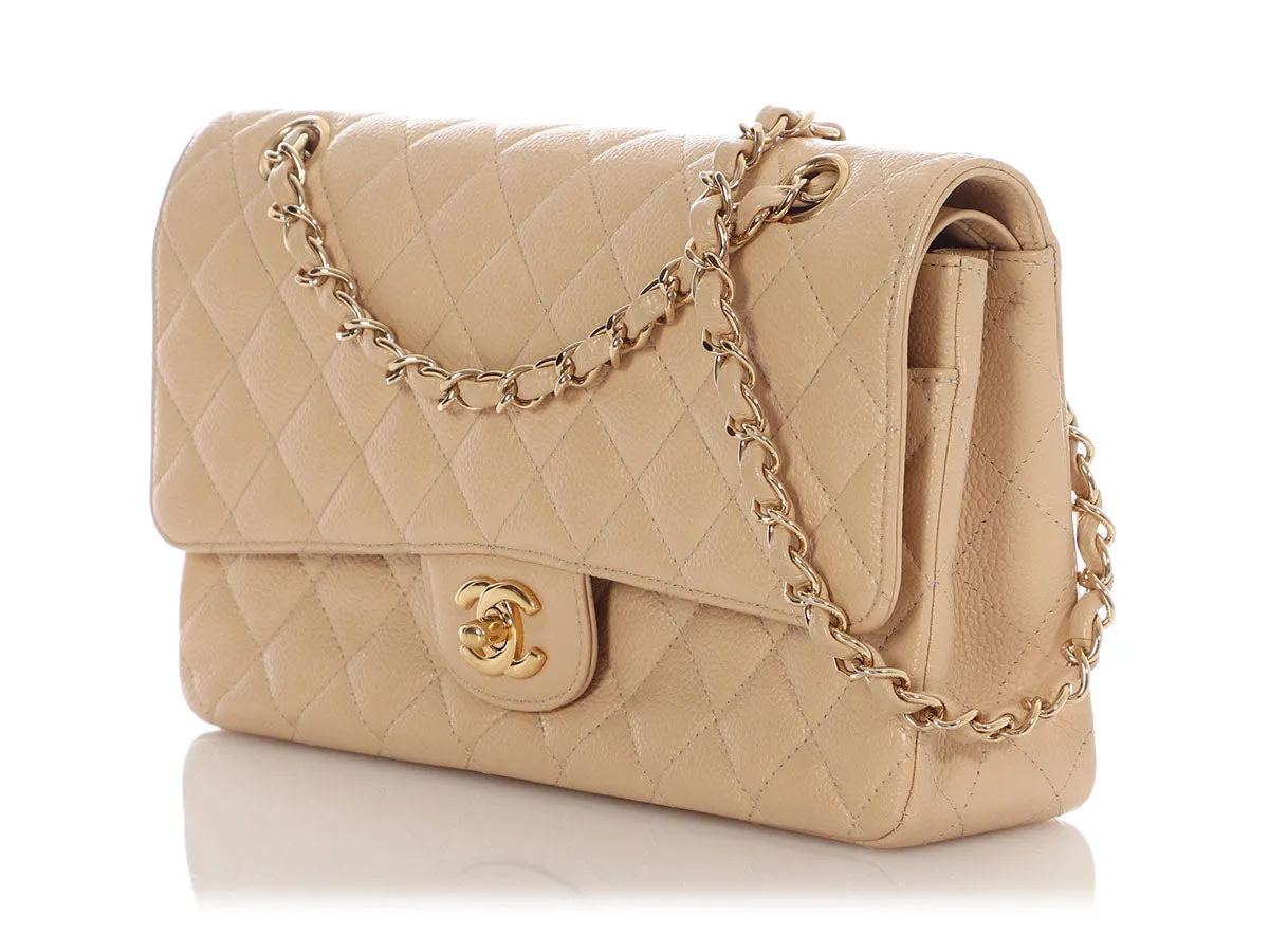 Chanel Medium/Large Light Beige Quilted Caviar Classic Double Flap