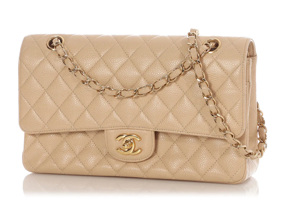 Chanel Medium/Large Light Beige Quilted Caviar Classic Double Flap