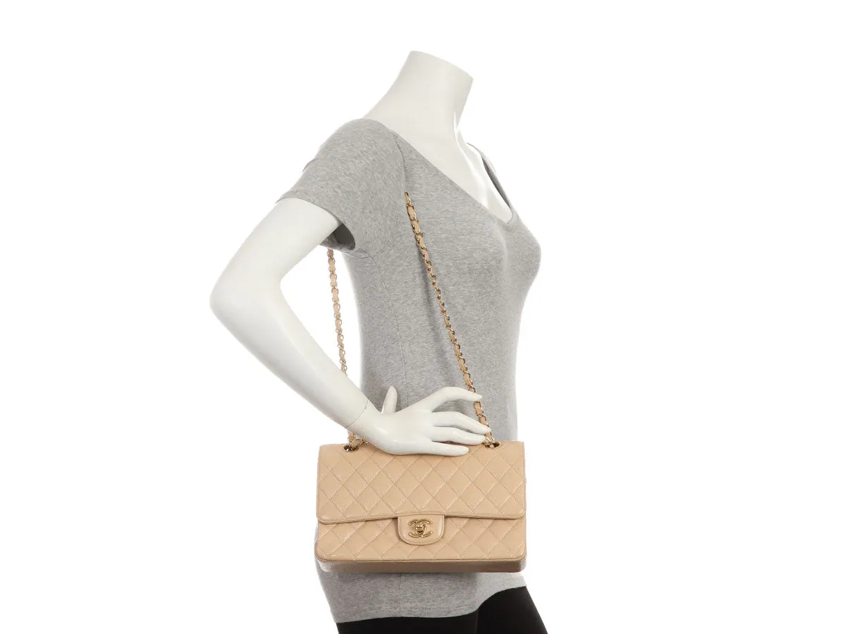 Chanel Medium/Large Light Beige Quilted Caviar Classic Double Flap