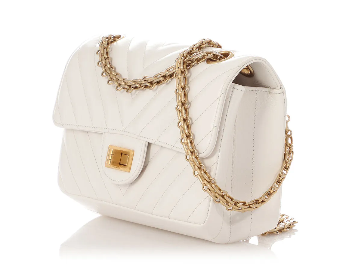 Chanel Mini White Chevron-Quilted Aged Calfskin Reissue 2.55