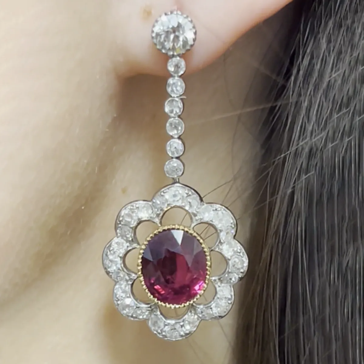 Edwardian Platinum & 18KT Yellow Gold Ruby & Diamond Earrings