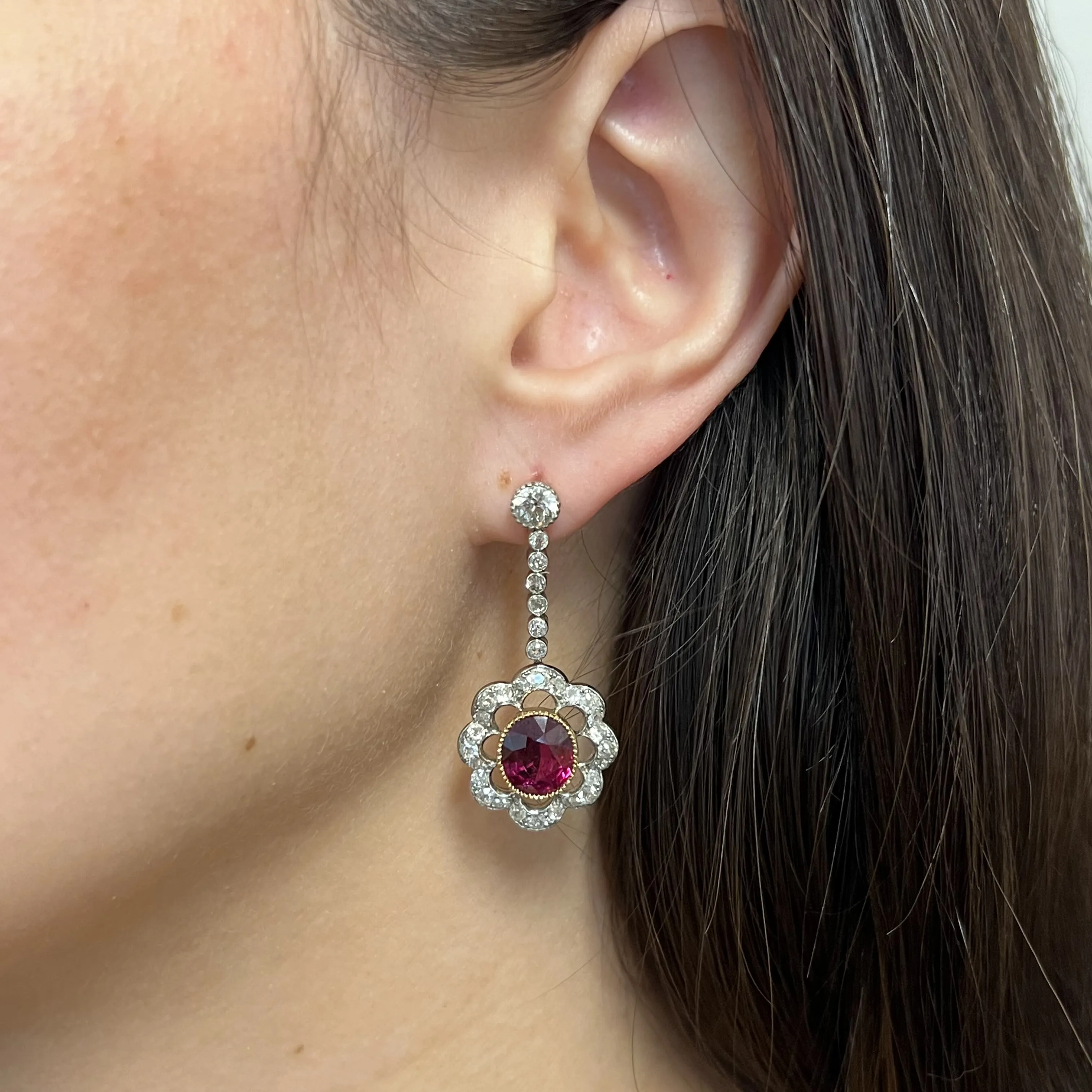 Edwardian Platinum & 18KT Yellow Gold Ruby & Diamond Earrings