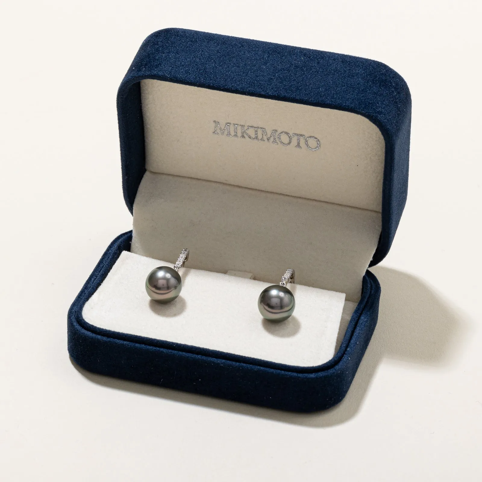 'Mikimoto' Classic Elegance Black South Sea Pearl and Diamond Earrings | 10-10.5mm, 0.20ctw |