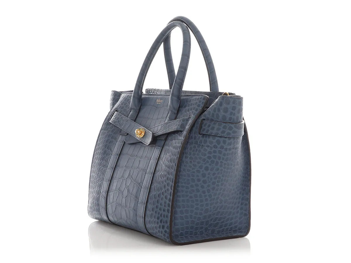 Mulberry Small Pale Navy Matte Crocodile Embossed Bayswater Zip Tote