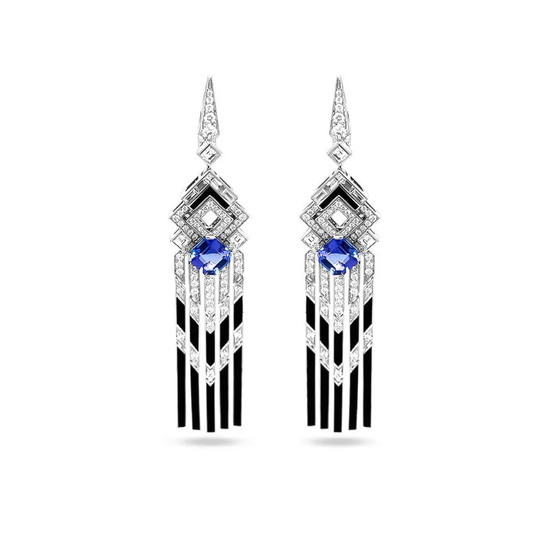 'NORMANDY COLLECTION' 18CT WHITE GOLD TANZANITE, DIAMOND AND BLACK ENAMEL DROP EARRINGS