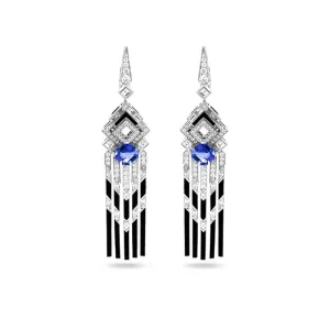 'NORMANDY COLLECTION' 18CT WHITE GOLD TANZANITE, DIAMOND AND BLACK ENAMEL DROP EARRINGS