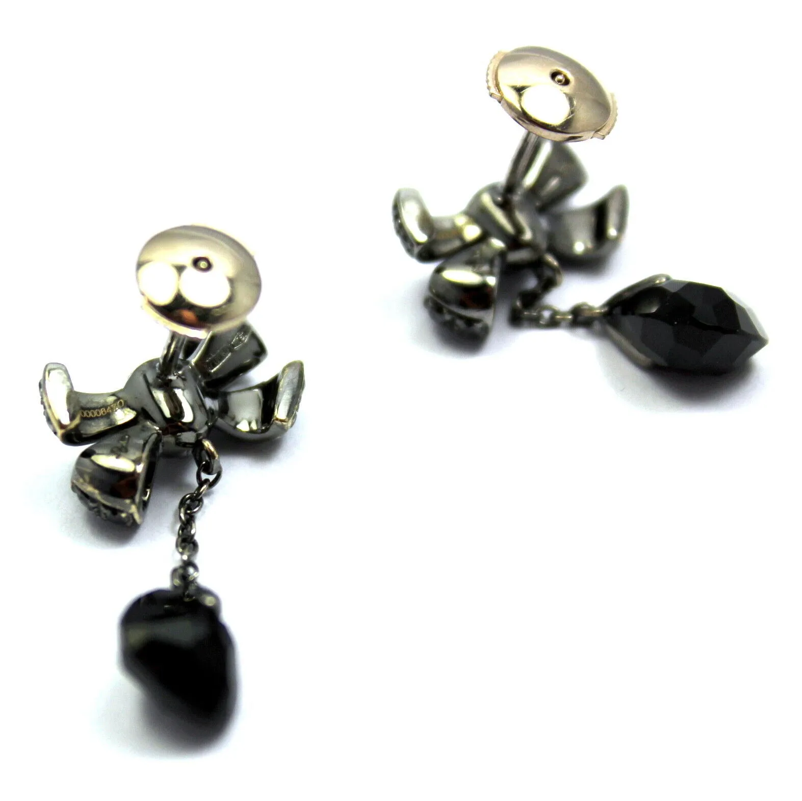 Rare! Authentic Pomellato 18k White Gold Black Diamond Onyx Drop Bow Earrings
