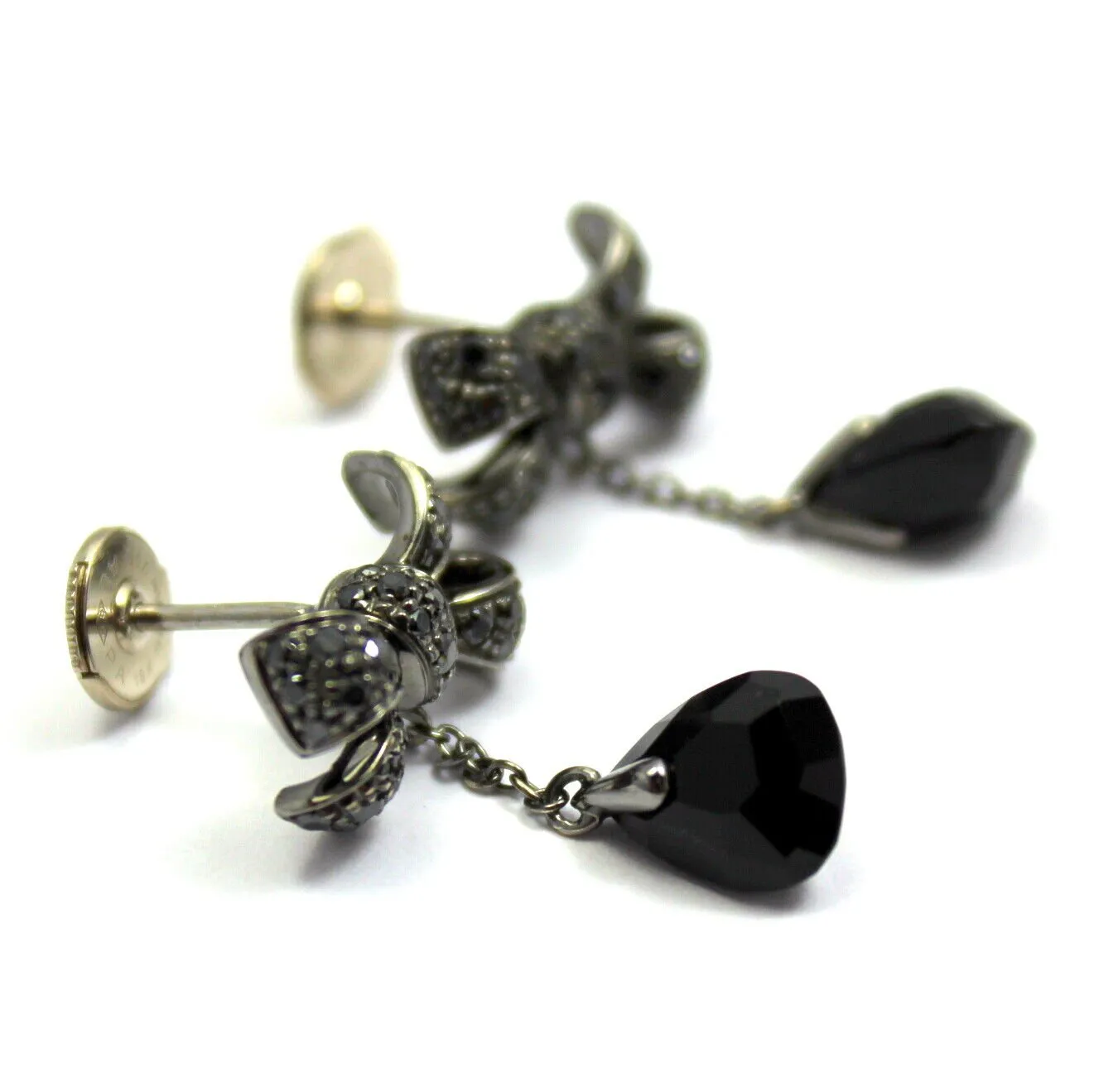 Rare! Authentic Pomellato 18k White Gold Black Diamond Onyx Drop Bow Earrings