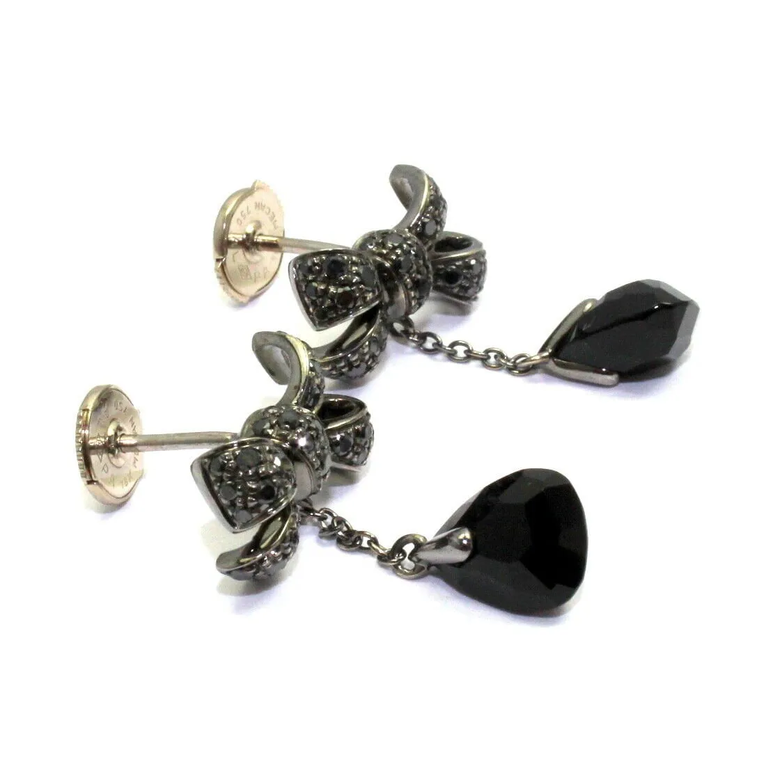 Rare! Authentic Pomellato 18k White Gold Black Diamond Onyx Drop Bow Earrings