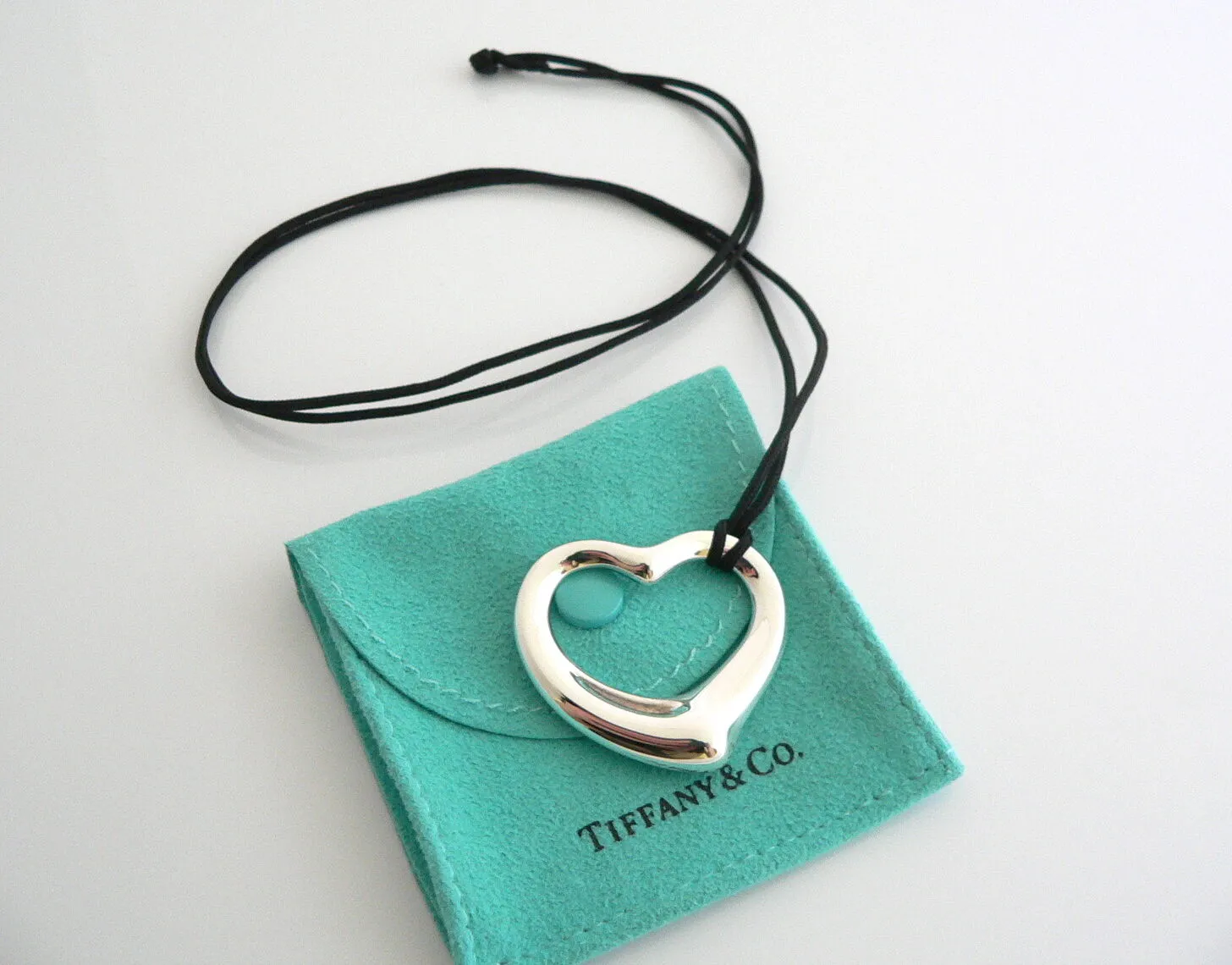 Tiffany & Co Peretti Large  Open Heart Necklace Pendant Silk Cord Large Silver Gift